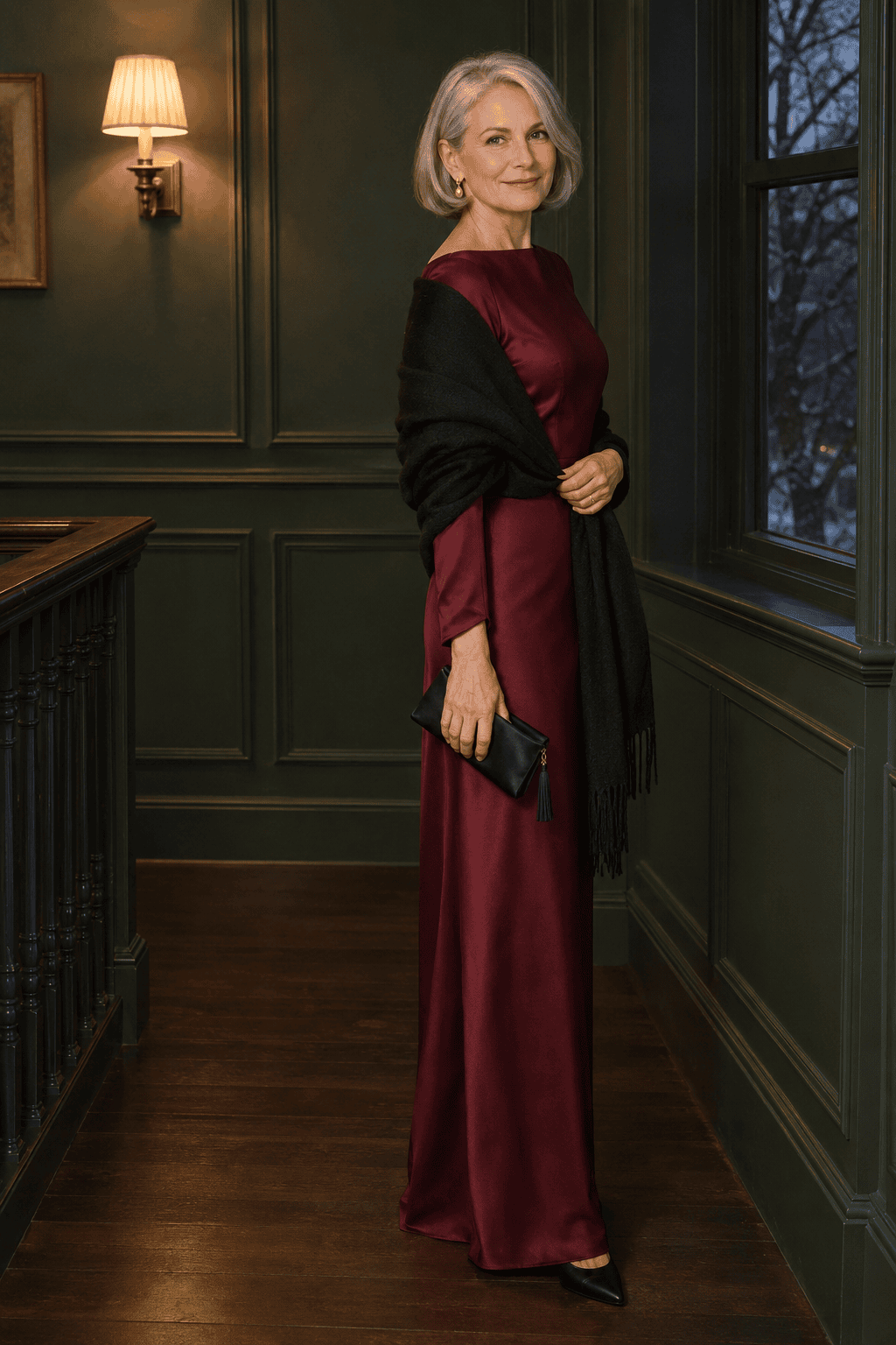 winter wedding guest outfit for women over 50: merlot red silk long-sleeve maxi dress, black cashmere wrap, black leather kitten-heel pumps and black satin clutch
