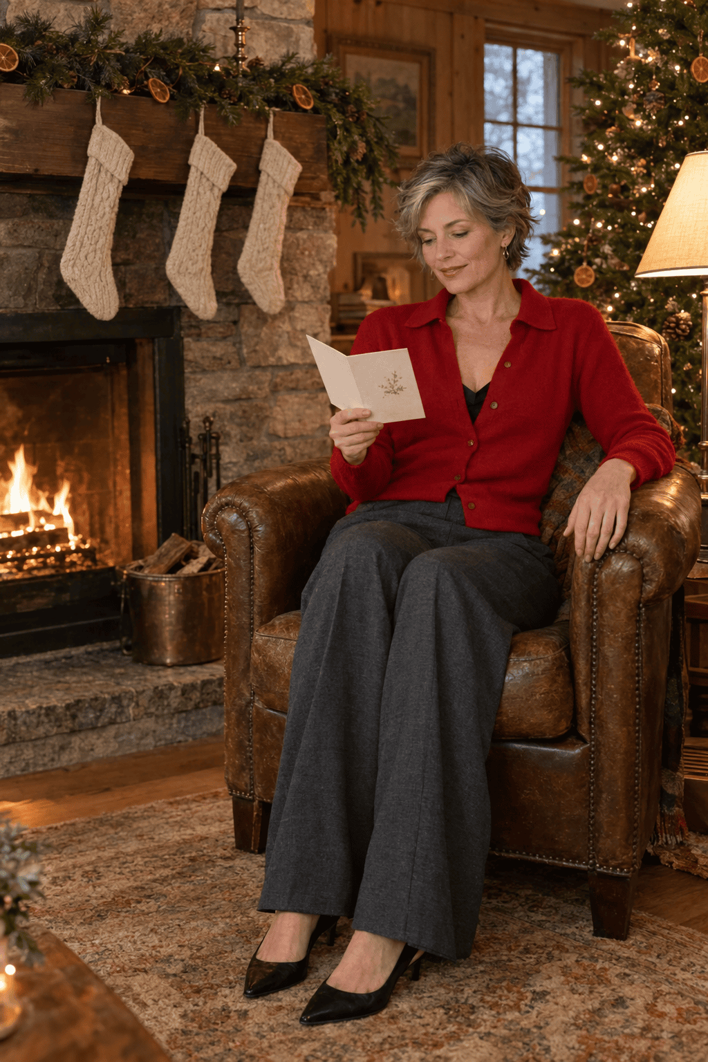 classy christmas dinner outfit for women over 50: scarlet red cashmere cardigan over black silk cami with charcoal wide-leg trousers and slingbacks