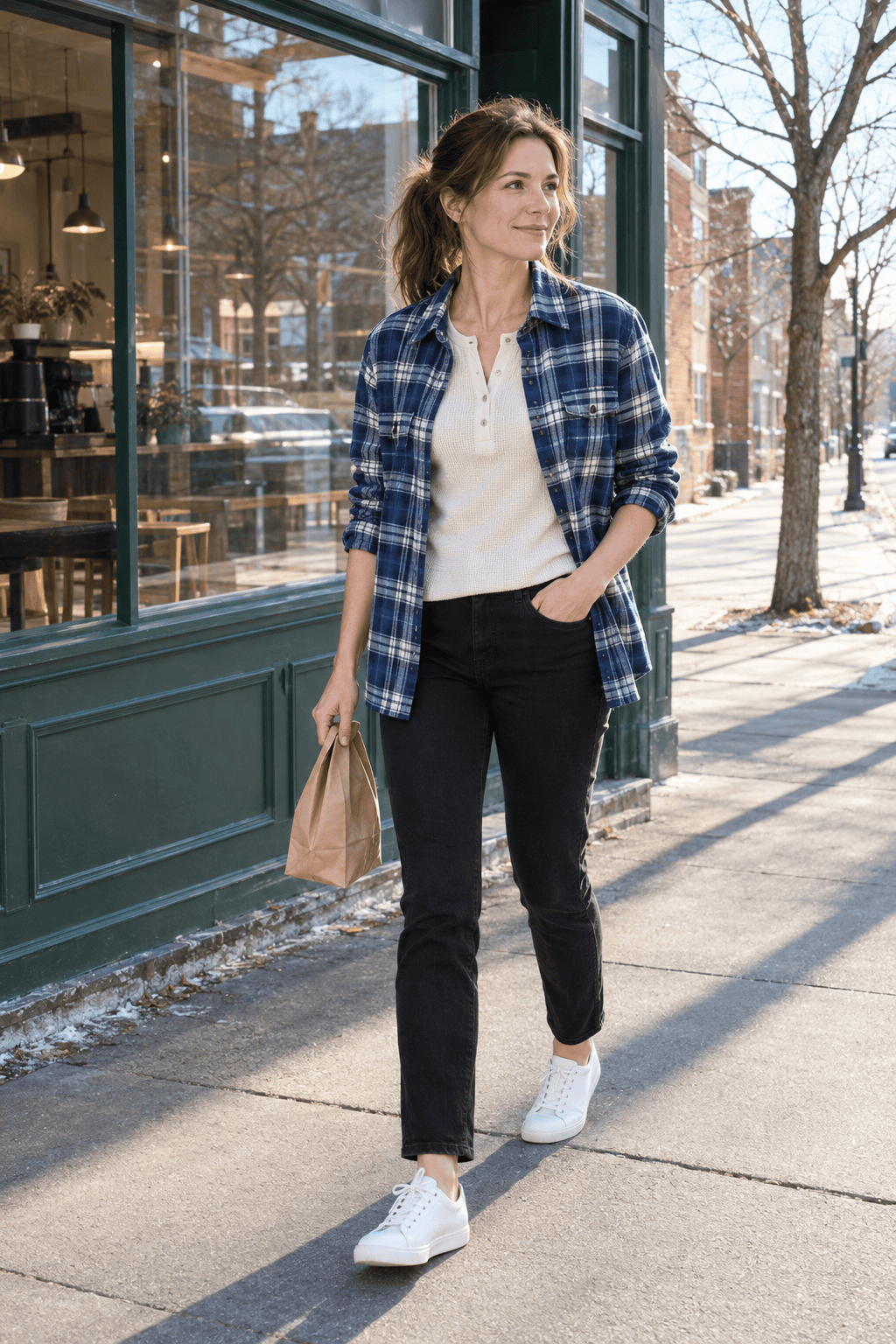casual Friday winter teacher outfit: blue and navy check flannel shirt open over an off-white waffle henley, black jeans and white leather sneakers