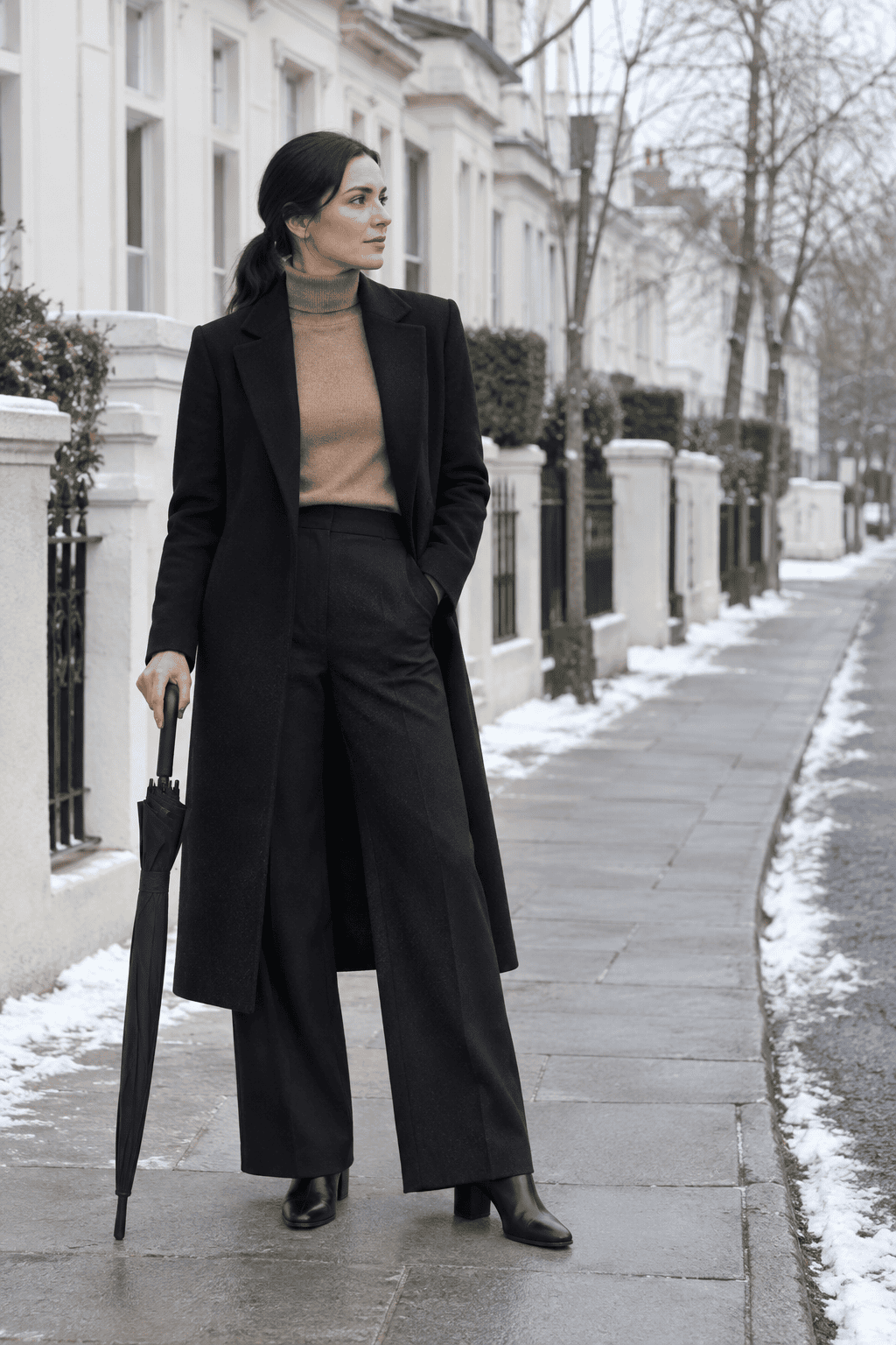 winter color combination that looks expensive, black and camel: long black wool coat worn open over a camel cashmere turtleneck, black wide-leg trousers and black ankle boots