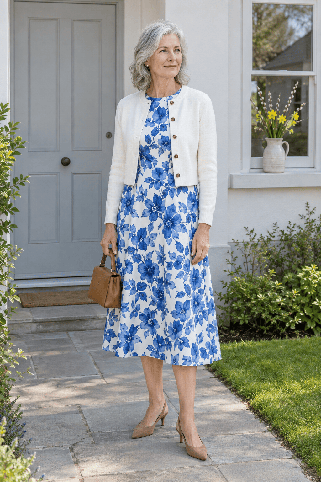 Easter lunch outfit for women over 60: blue and white floral mid-calf dress with an ivory cropped cotton cardigan and tan suede kitten-heel slingbacks