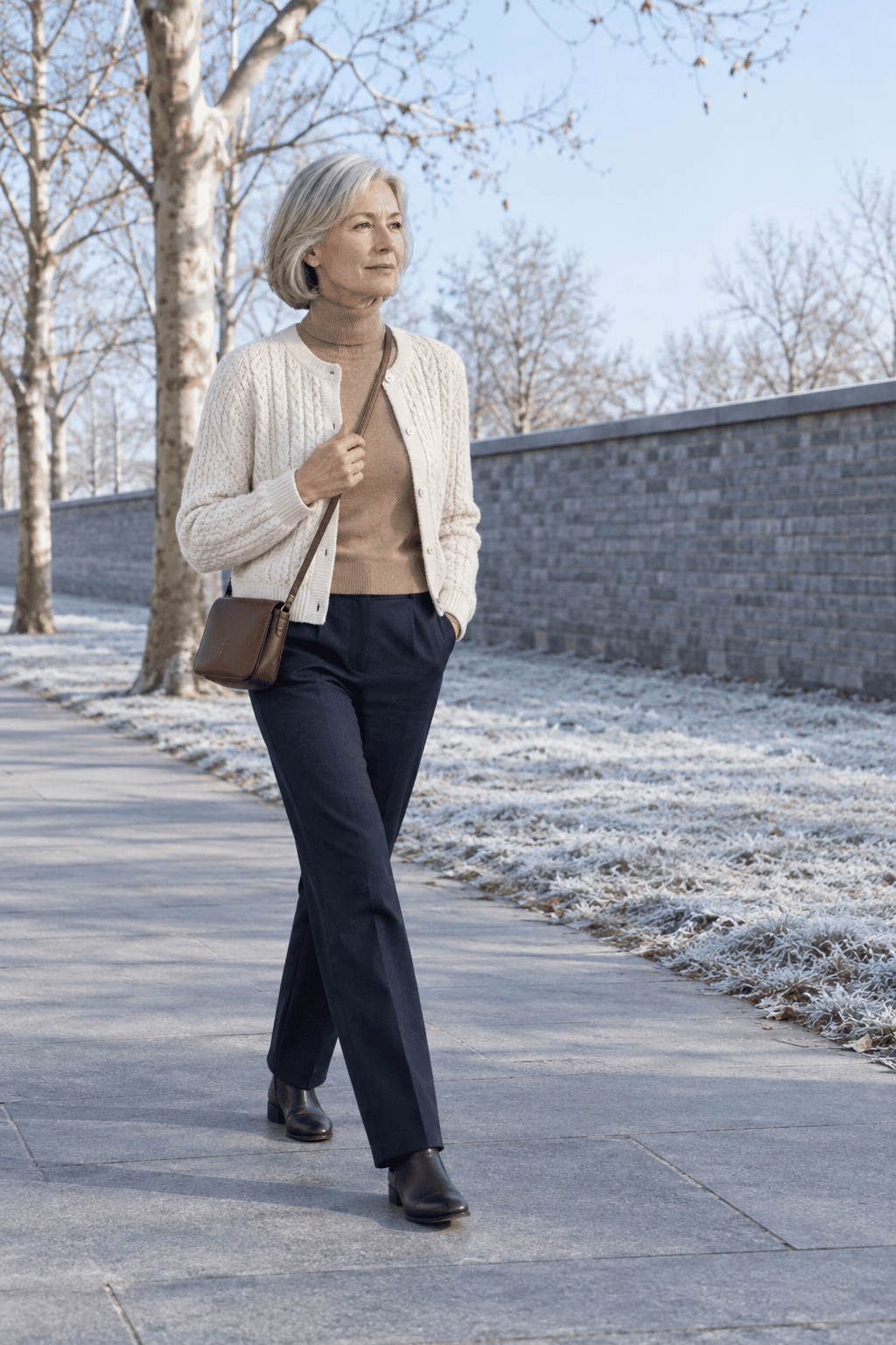 how to style a cardigan over 60 in cold weather: cream cable-knit merino cardigan worn open over a camel cashmere turtleneck tucked into dark trousers