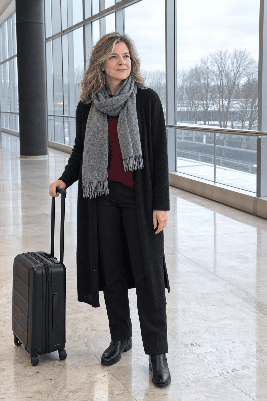 elegant winter outfit for women over 50: long black cashmere cardigan worn open over a burgundy crewneck sweater and black straight ponte trousers