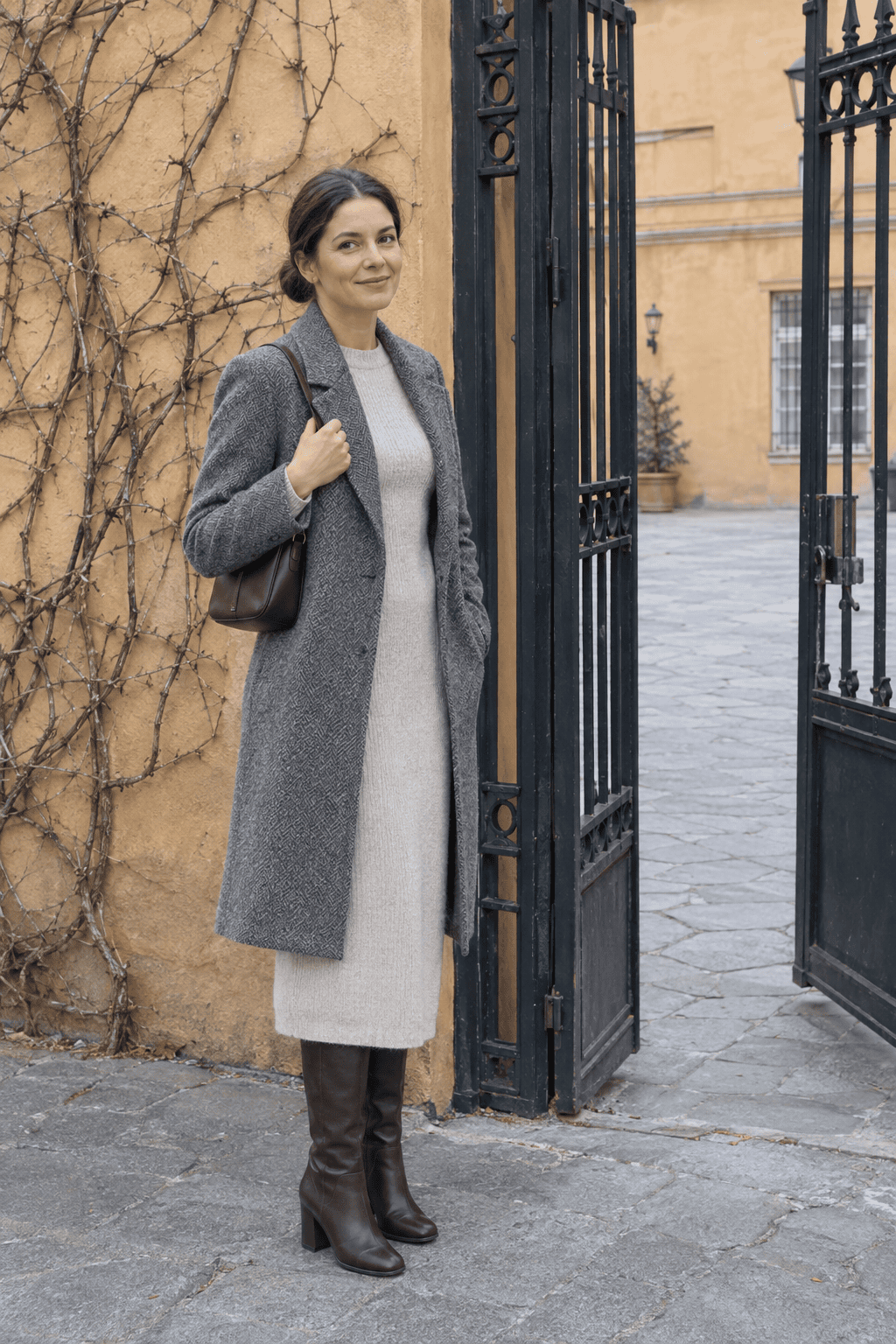 italian old money winter outfit: grey herringbone knee-length wool coat, pale oatmeal ribbed knit midi dress and dark brown leather block-heel knee boots