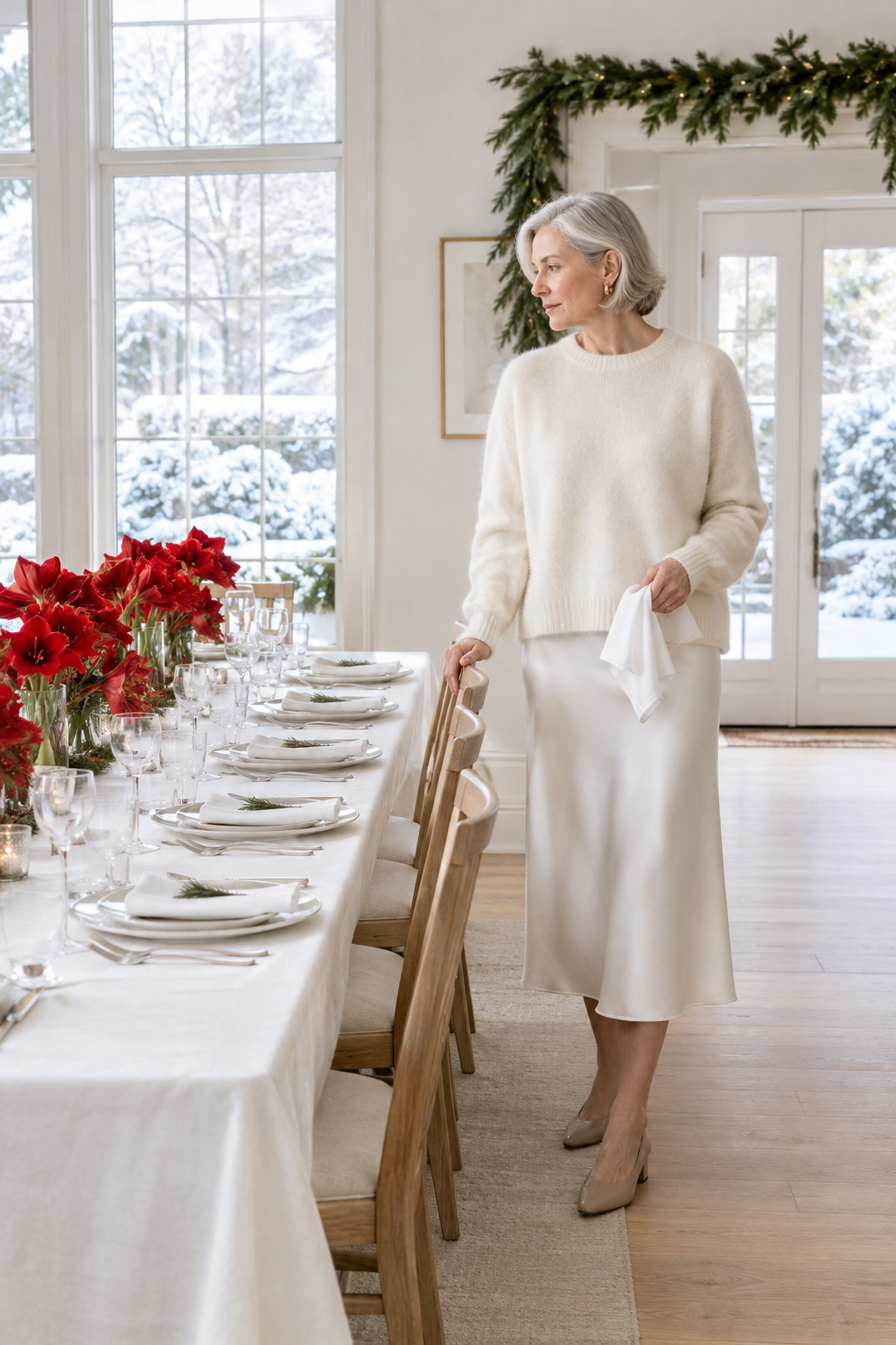 holiday luncheon outfit for women over 60: winter white ivory cashmere crewneck sweater with a bias-cut ivory silk midi skirt and gold jewelry