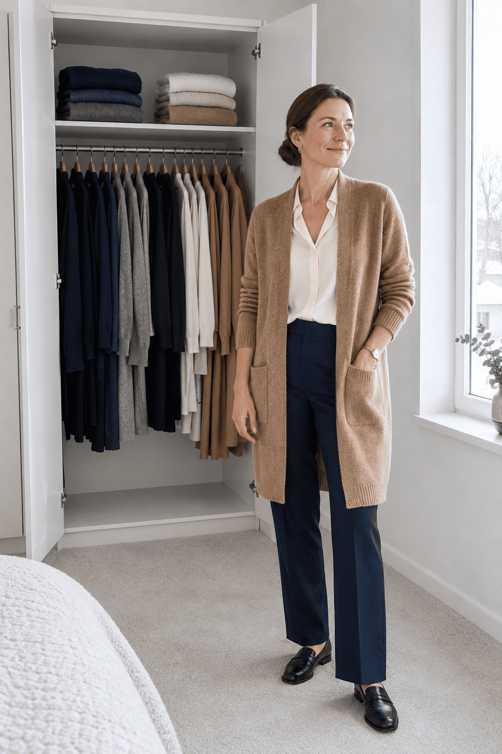 open wardrobe of navy, grey, black, cream and camel clothes, a small capsule wardrobe colour palette