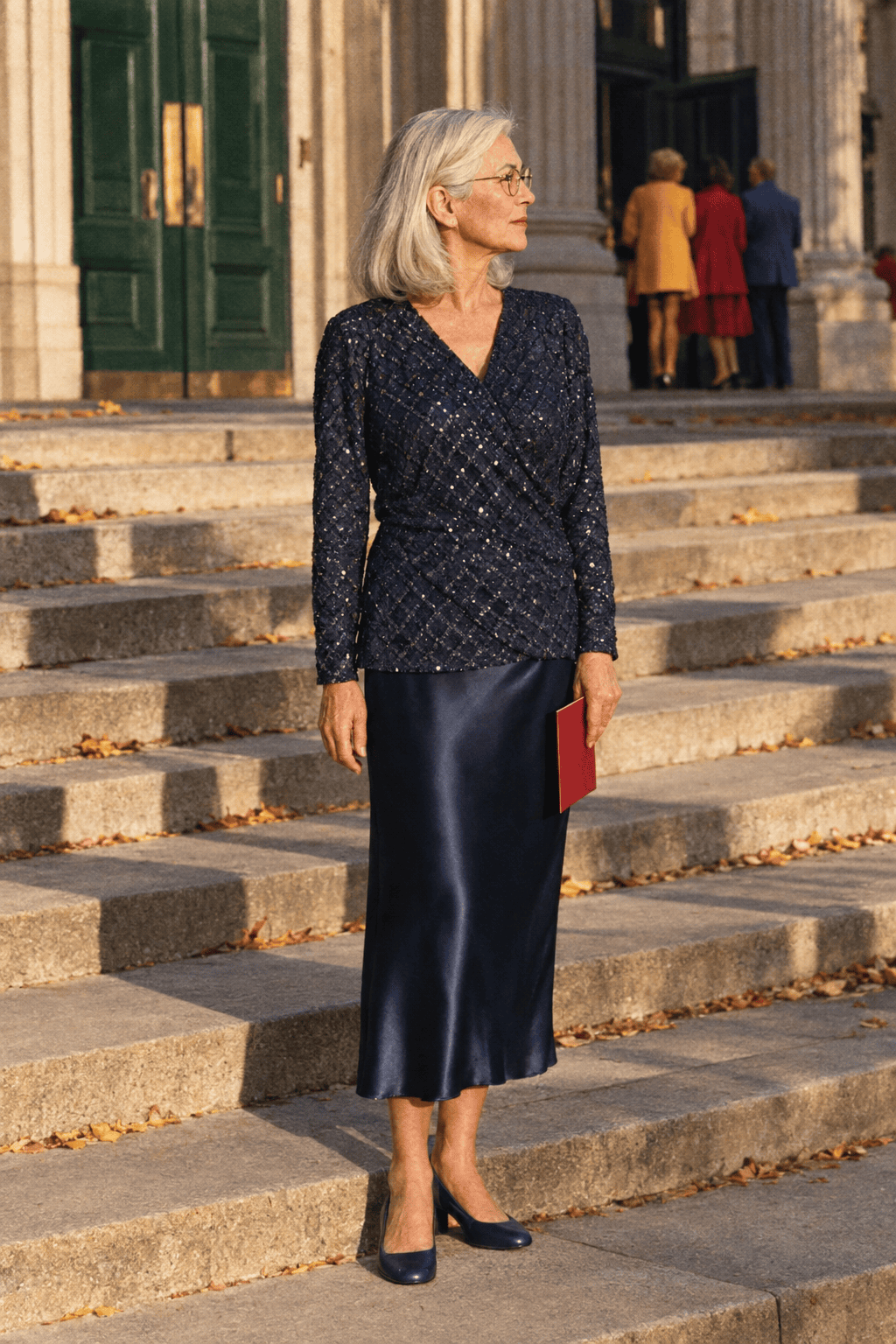 theater and dinner birthday outfit for a woman in her 70s: navy long-sleeve sequin top, navy silk midi skirt and navy leather low block-heel pumps