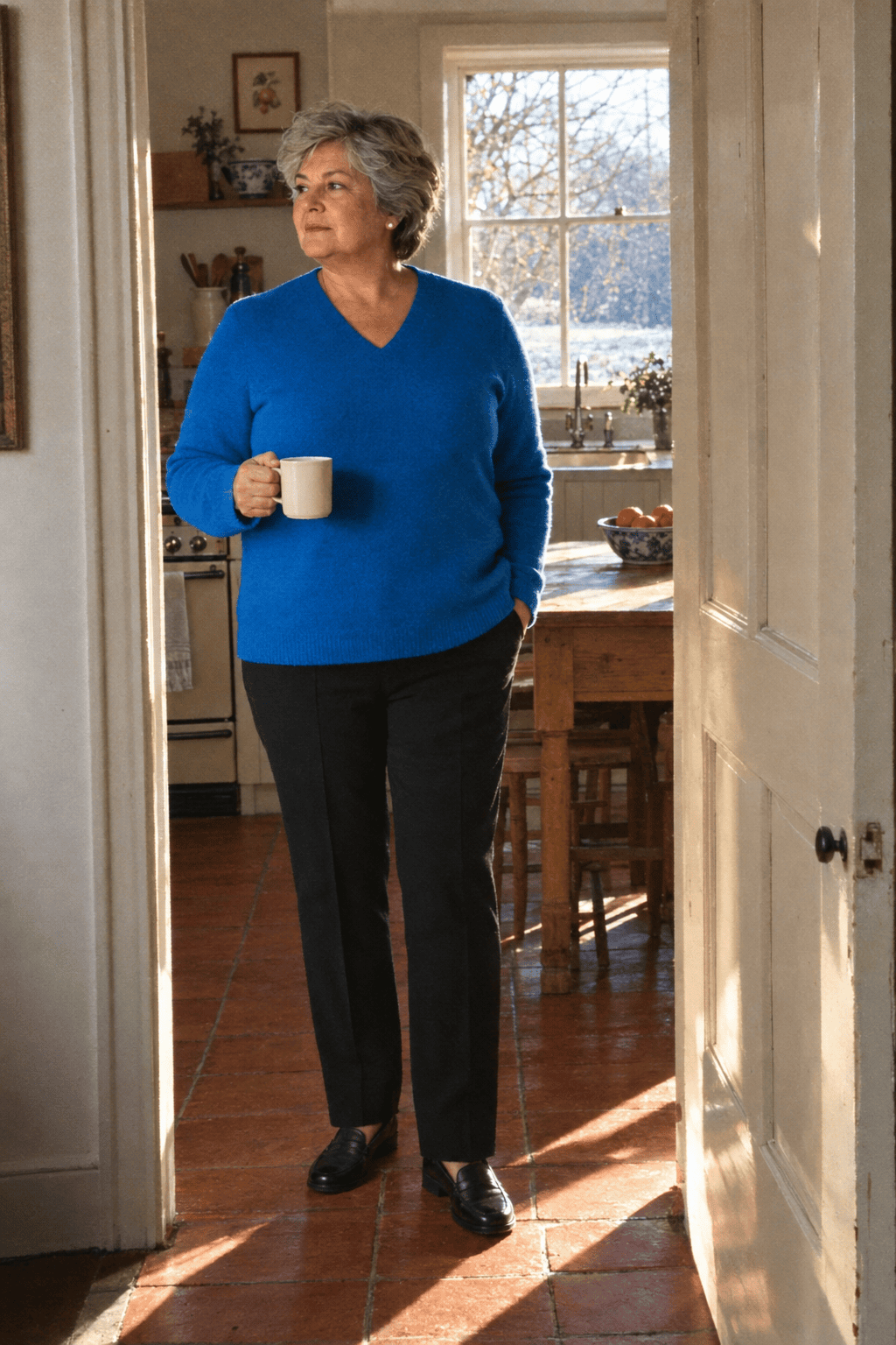 plus size travel outfit for women in their 70s: kingfisher blue cashmere V-neck sweater worn untucked, black straight-leg ponte trousers and black loafers