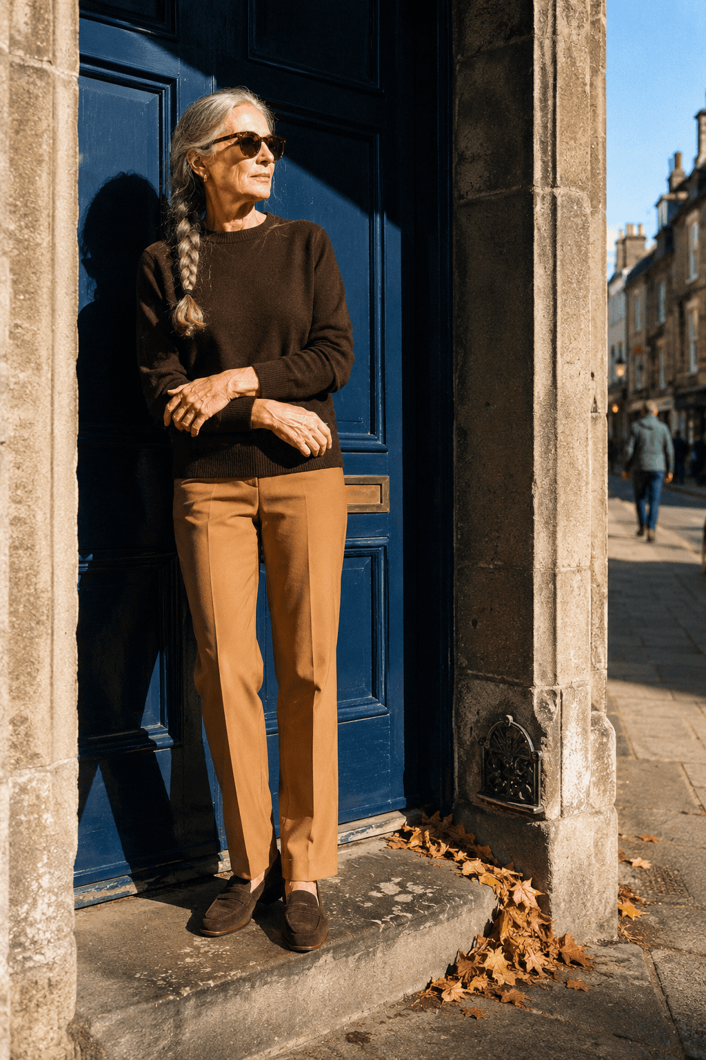 affordable travel day outfit for a woman in her 70s: chocolate brown merino crewneck, camel ponte pull-on trousers and dark brown suede loafers