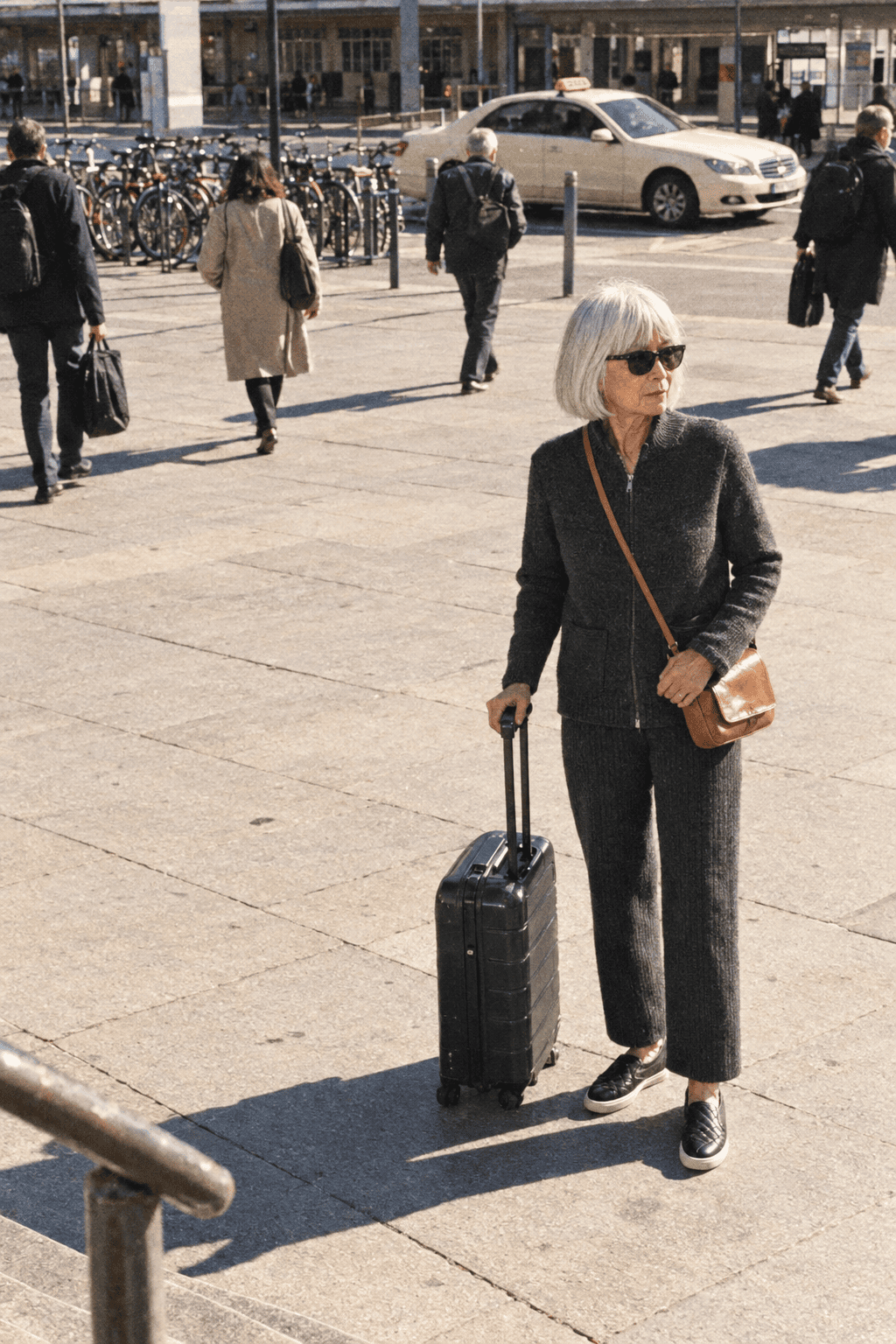 easy travel day outfit for women in their 80s: graphite zip-front knit cardigan, charcoal ribbed knit trousers, black slip-on leather sneakers and a cognac crossbody bag