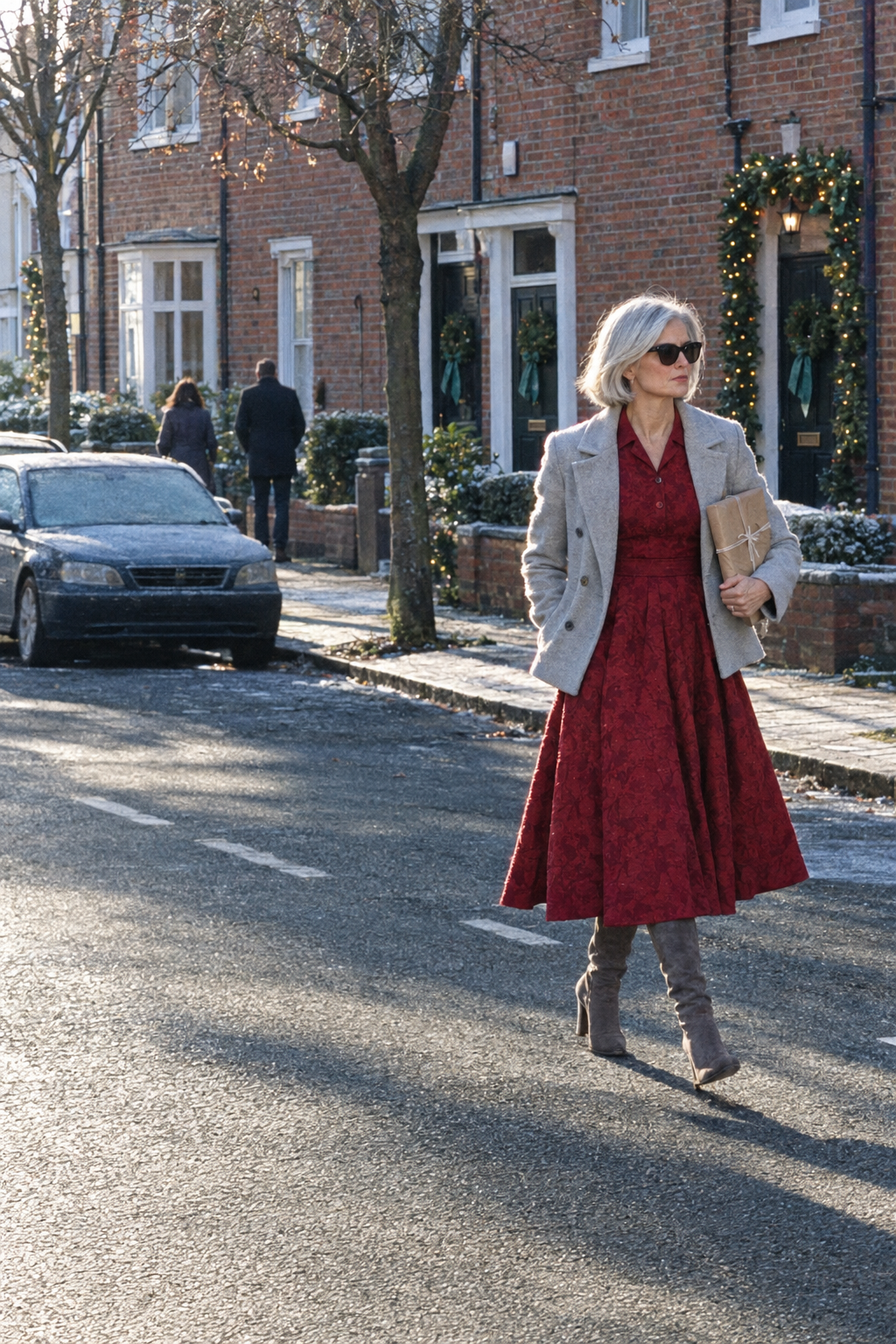 red dress outfit for Christmas Day lunch: cranberry jacquard fit-and-flare dress with short sleeves and a hip-length pale grey wool coat