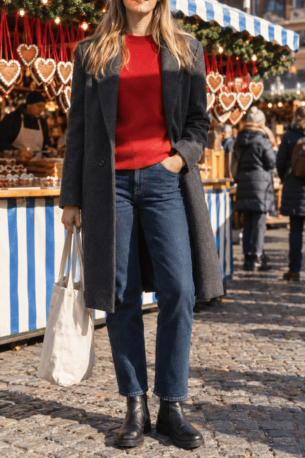 christmas market outfit with a charcoal wool coat, red merino sweater, blue jeans and black waterproof chelsea boots