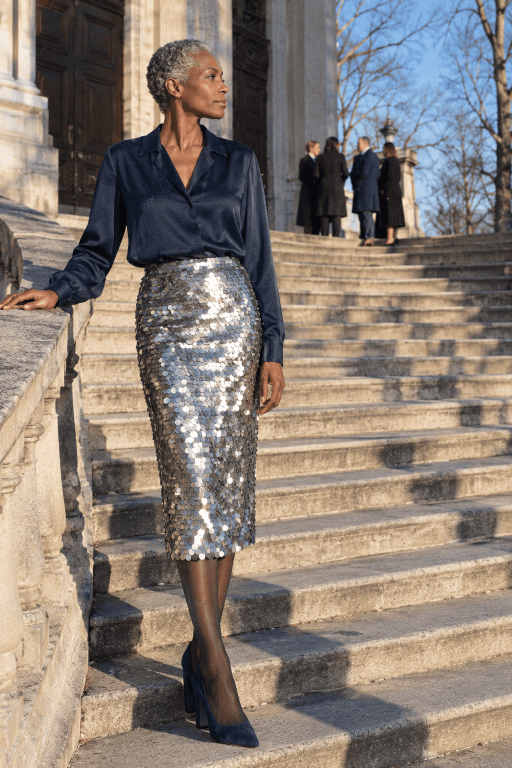 winter wedding guest silver sequin skirt outfit: silver sequin midi skirt, navy silk blouse and navy suede block-heel pumps