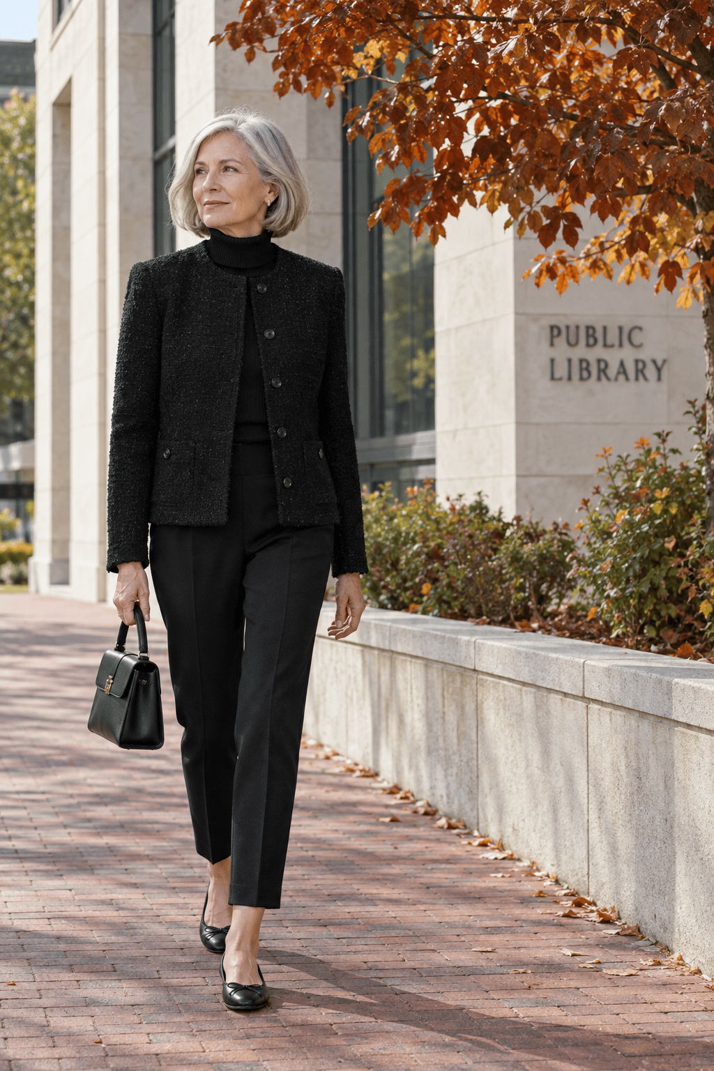 timeless luncheon outfit for women over 60: black tweed jacket, black ribbed turtleneck, slim ankle trousers and ballet flats