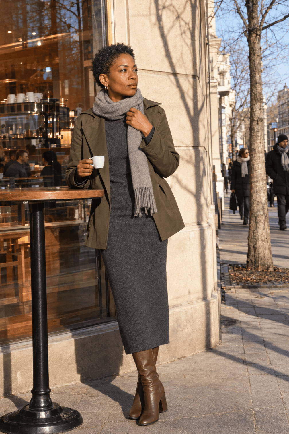 casual winter outfit: short olive trench coat over a charcoal ribbed knit midi dress with a grey cashmere scarf and brown suede boots