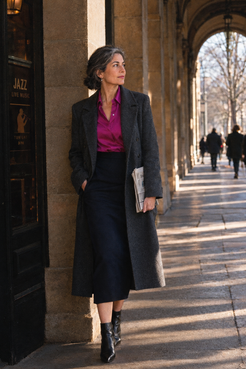 winter date night outfit: bright orchid silk shirt tucked into an ink wool-blend pencil skirt with pointed black boots and a dark grey double-breasted coat