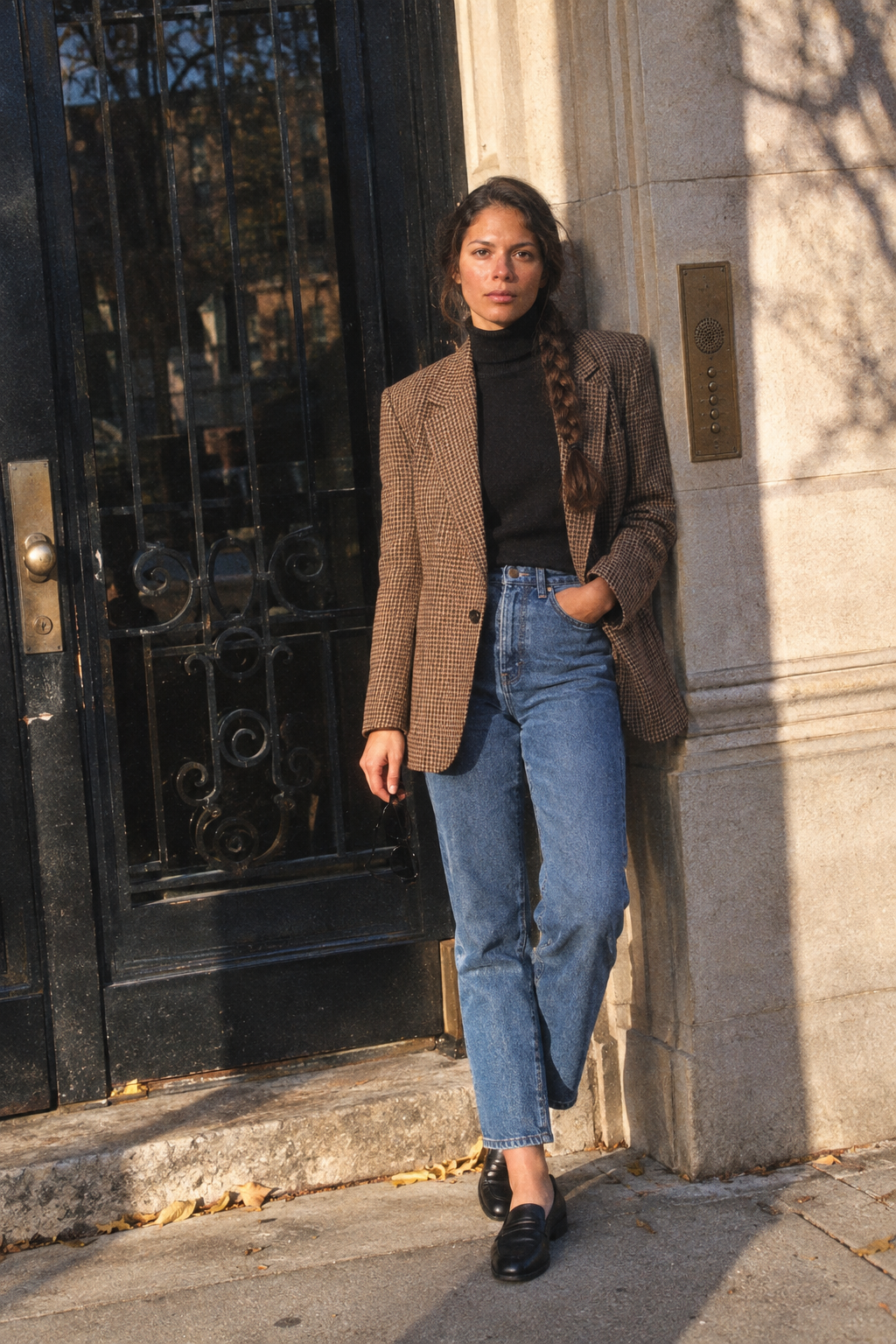 Friendsgiving outfit for a city apartment dinner: brown houndstooth blazer, black cashmere turtleneck, mid-blue straight jeans and black loafers
