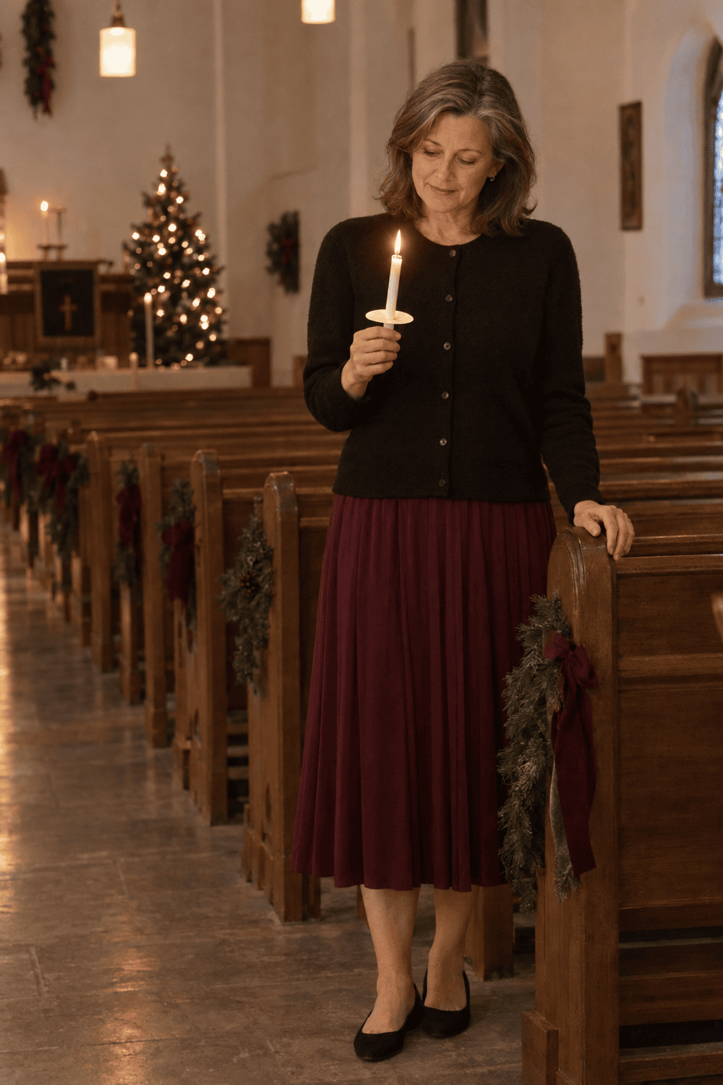 christmas eve church outfit: cropped black cashmere cardigan with a deep wine pleated midi skirt and black suede ballet flats