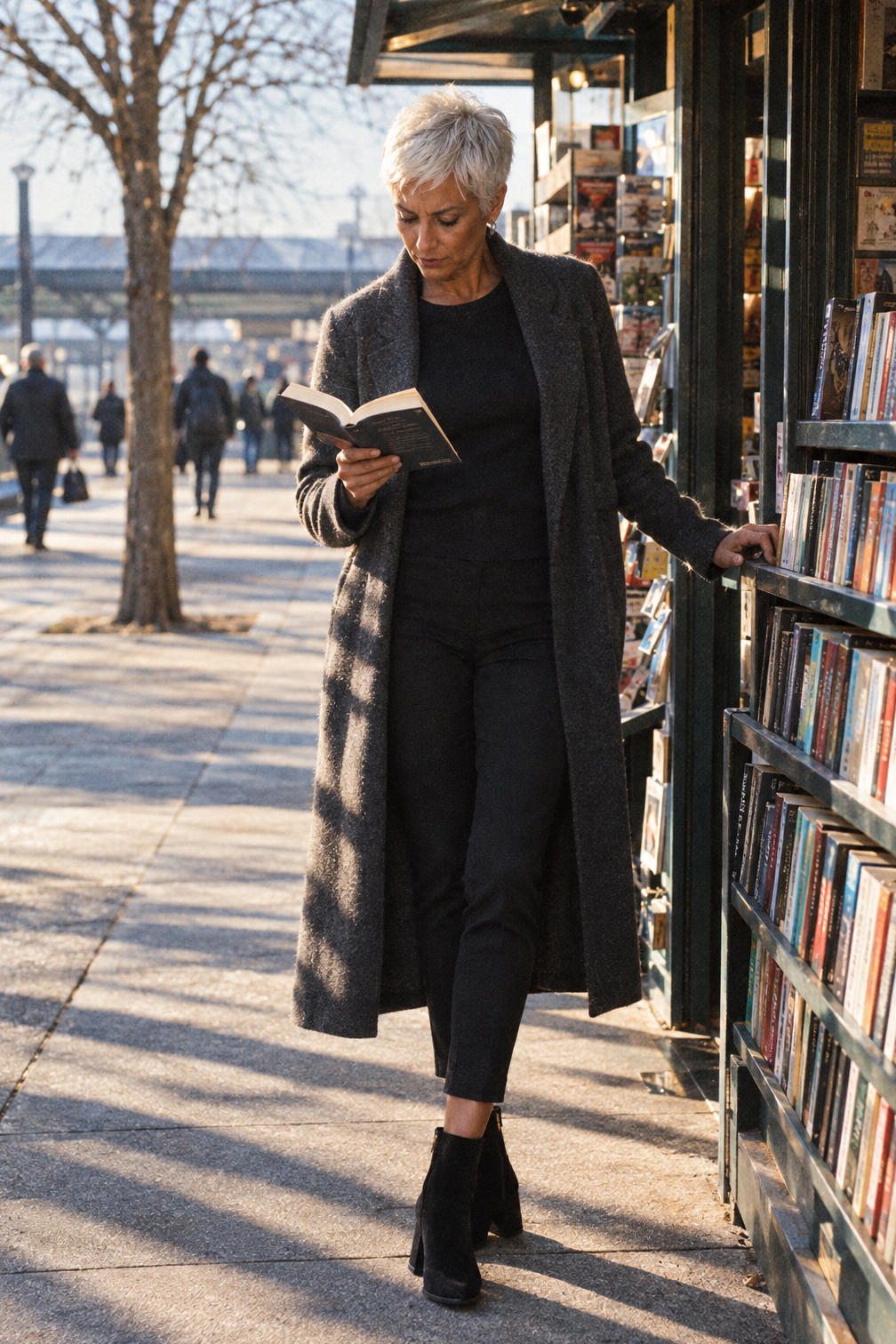 comfortable winter airport outfit: dark gray double knit duster with slim black cigarette pants and black suede block-heel ankle boots