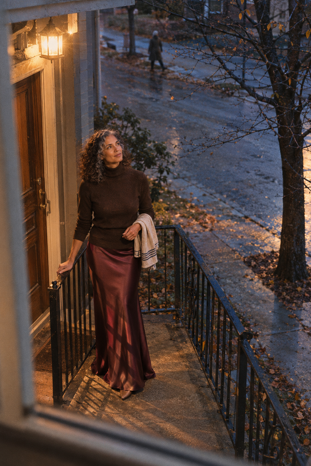 dinner party outfit ideas for hosting: espresso cashmere turtleneck with a wine satin slip maxi skirt and suede slingback heels