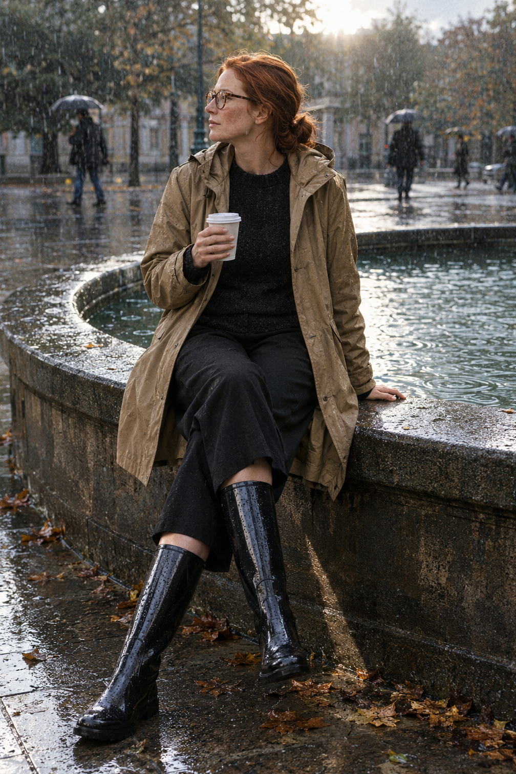 rainy day work outfit for a site visit: tan waterproof hooded rain parka, black culottes and tall black gloss rain boots