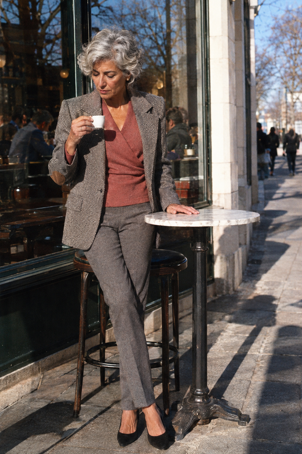 winter mother of the groom outfit over 60 with trousers: grey herringbone blazer, dusty rose wrap top, grey ponte trousers and black suede pumps