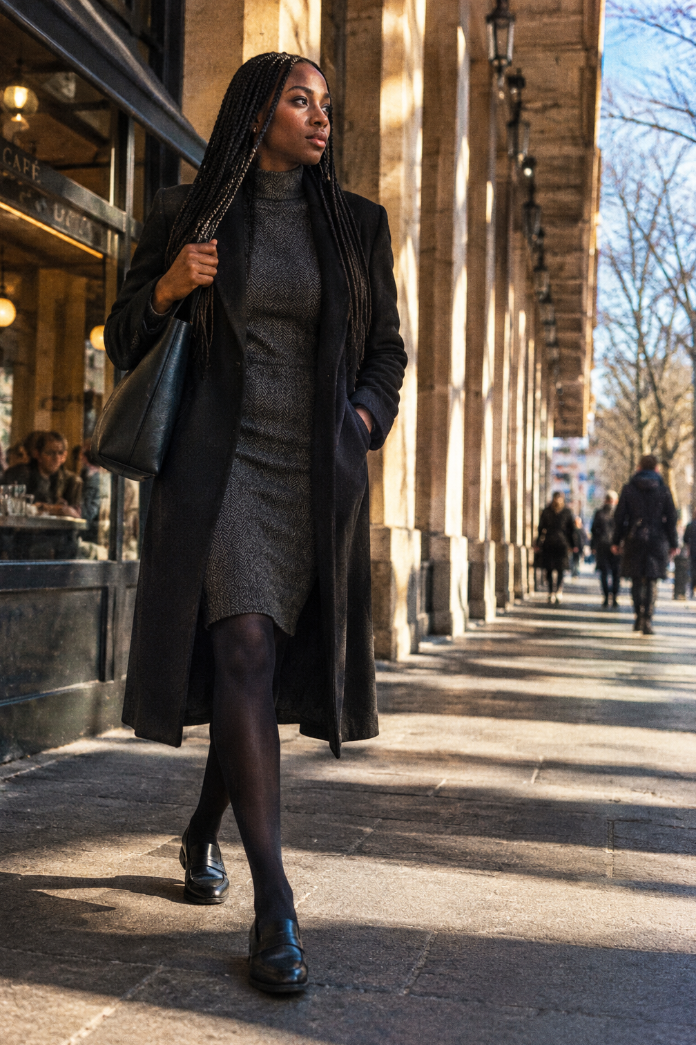 how to style black loafers in winter with a charcoal herringbone knit dress, black blackout tights and a black leather loafer
