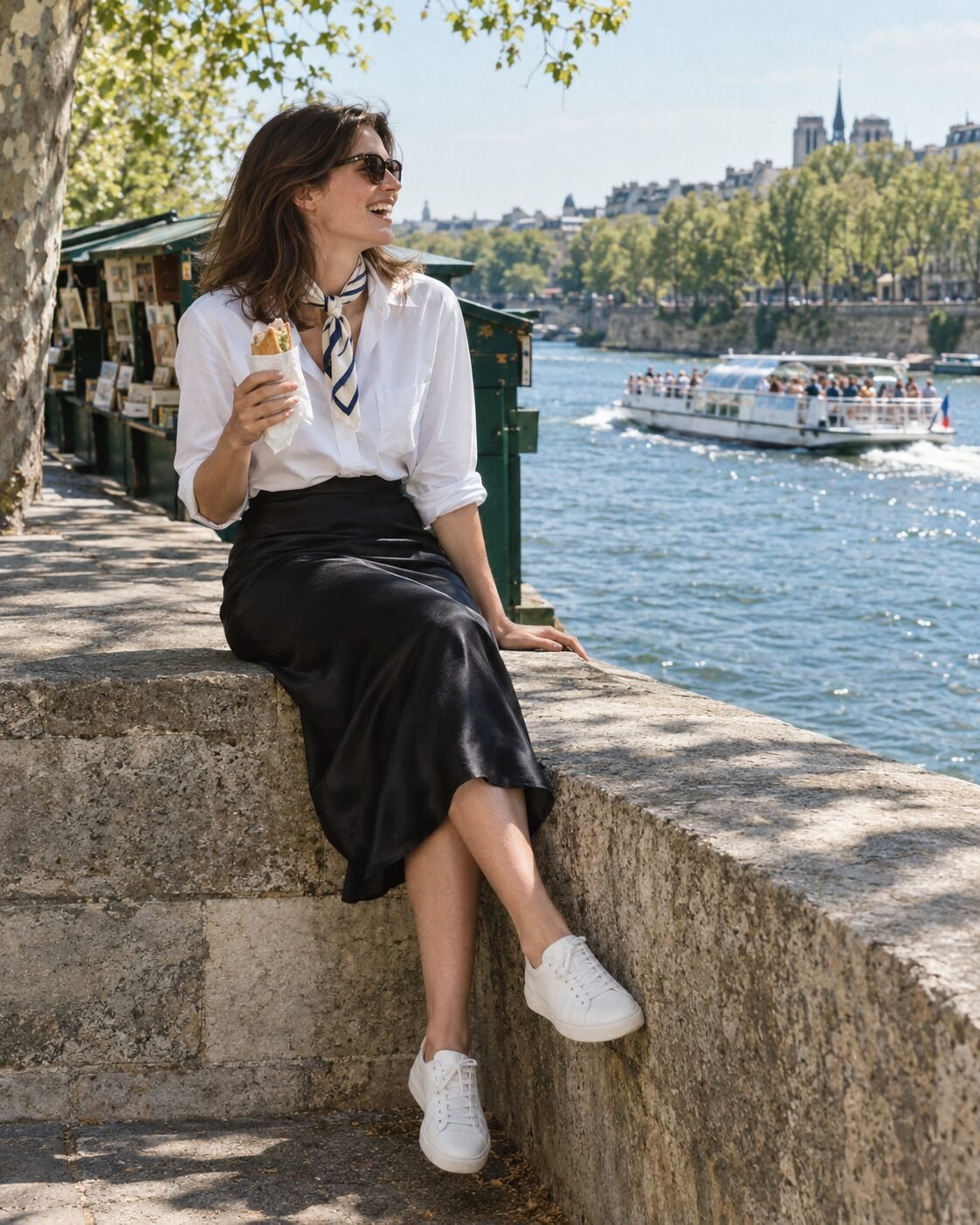 white poplin shirt with a black silk midi skirt, white sneakers and a cream scarf tied on the strap, on a bench by the Seine