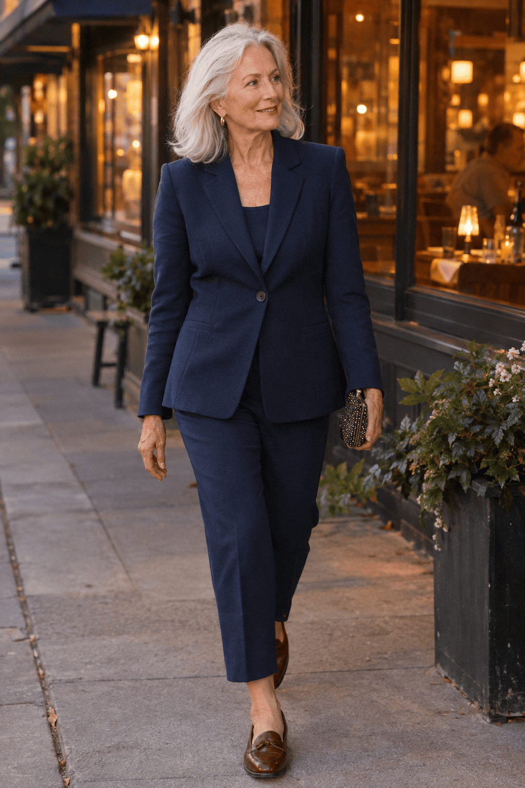 elegant spring outfit for women in their 70s: matching navy ponte blazer and trouser set with brown almond-toe loafers