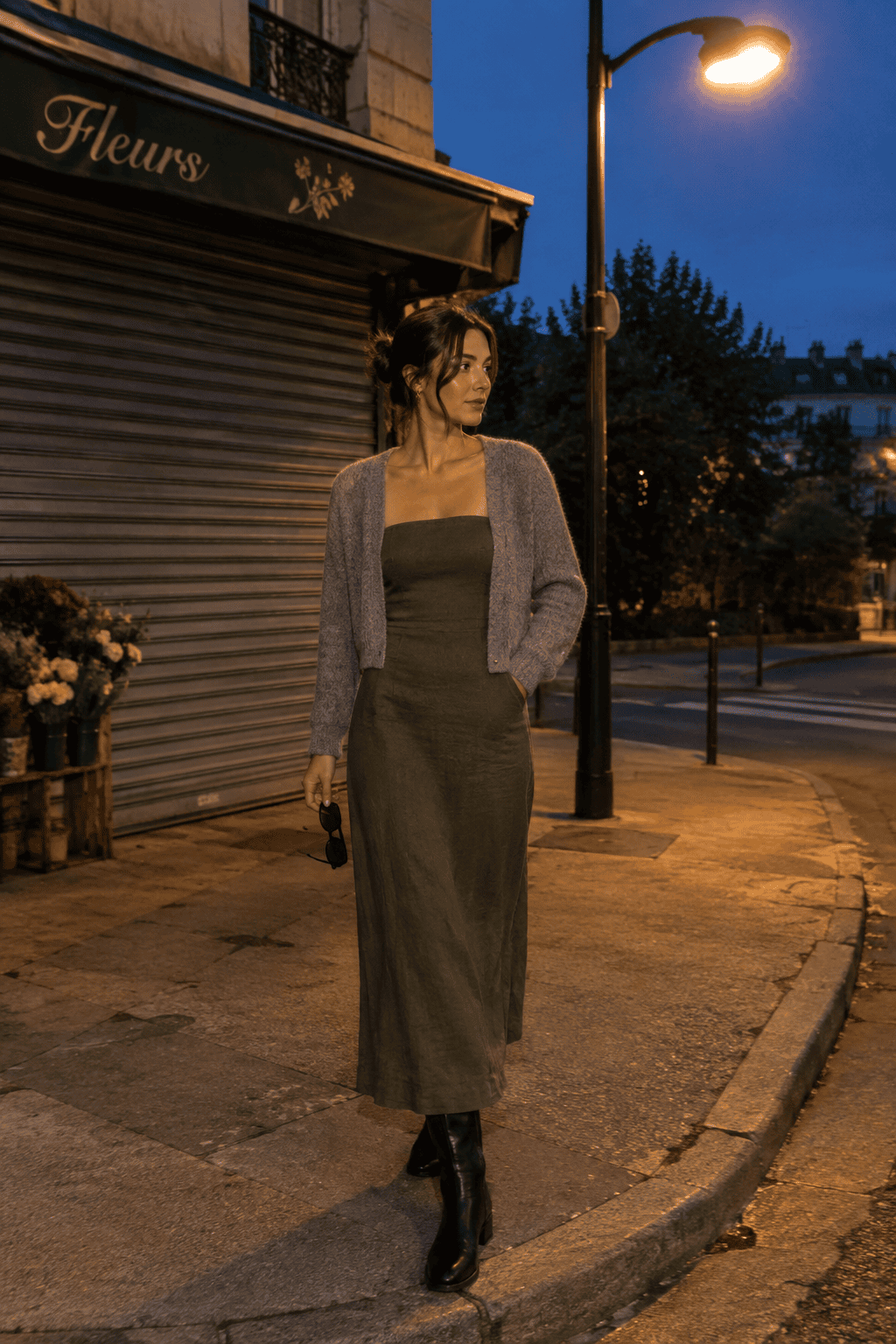 cool-weather linen outfit: olive linen dress with a cropped grey cardigan and black knee-high boots