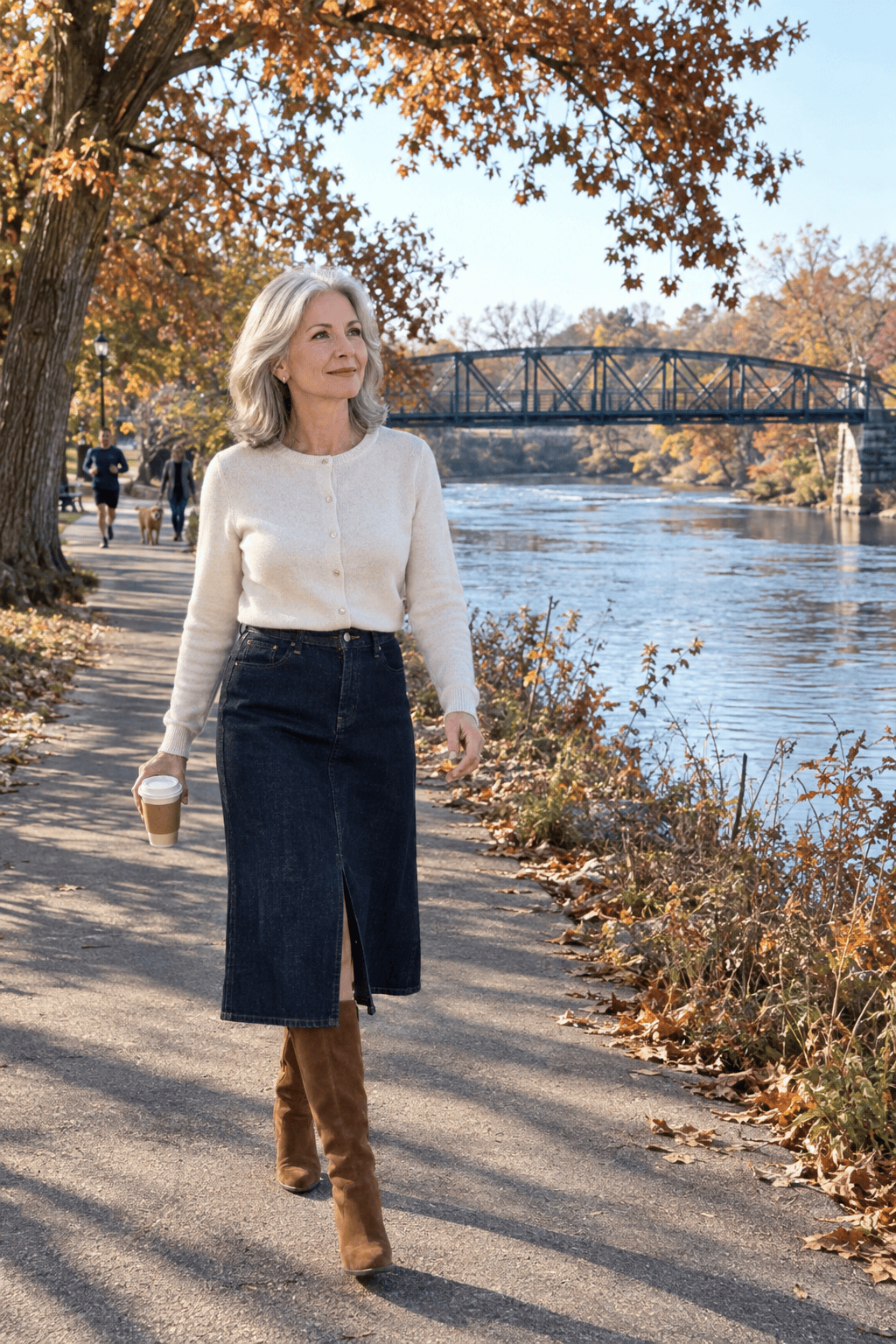 petite fall outfit for women over 60: dark denim A-line midi skirt, off-white merino cardigan and cognac suede knee-high boots