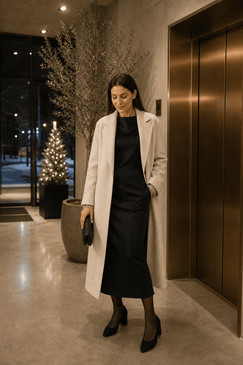 elegant new years eve dinner outfit: long bone merino shawl-collar coat over a black satin midi dress with jeweled cuffs and black suede block-heel pumps