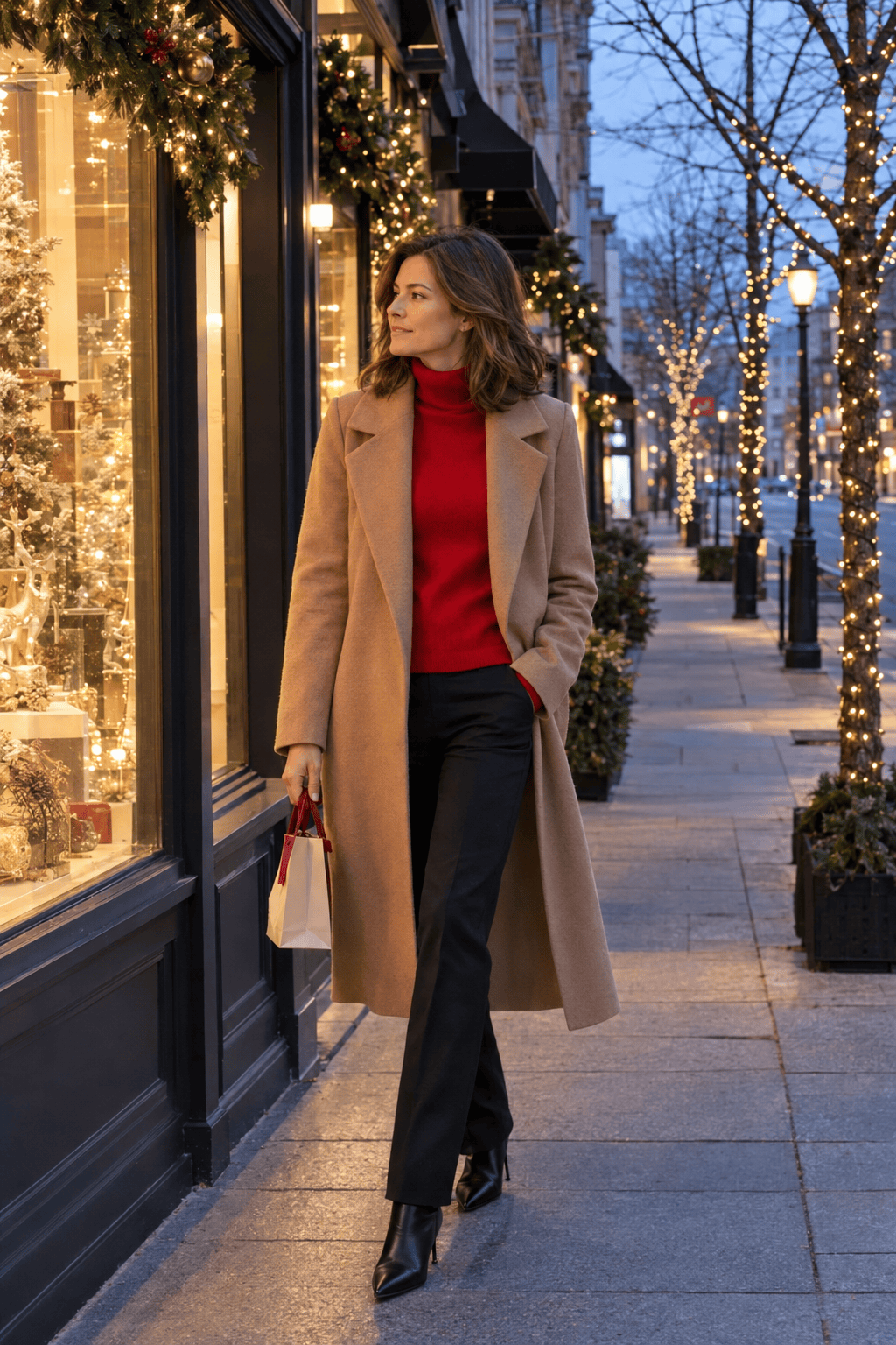 red sweater with camel coat for seeing the Christmas windows: red cashmere turtleneck under an open long camel cashmere wrap coat with black trousers and black knee boots