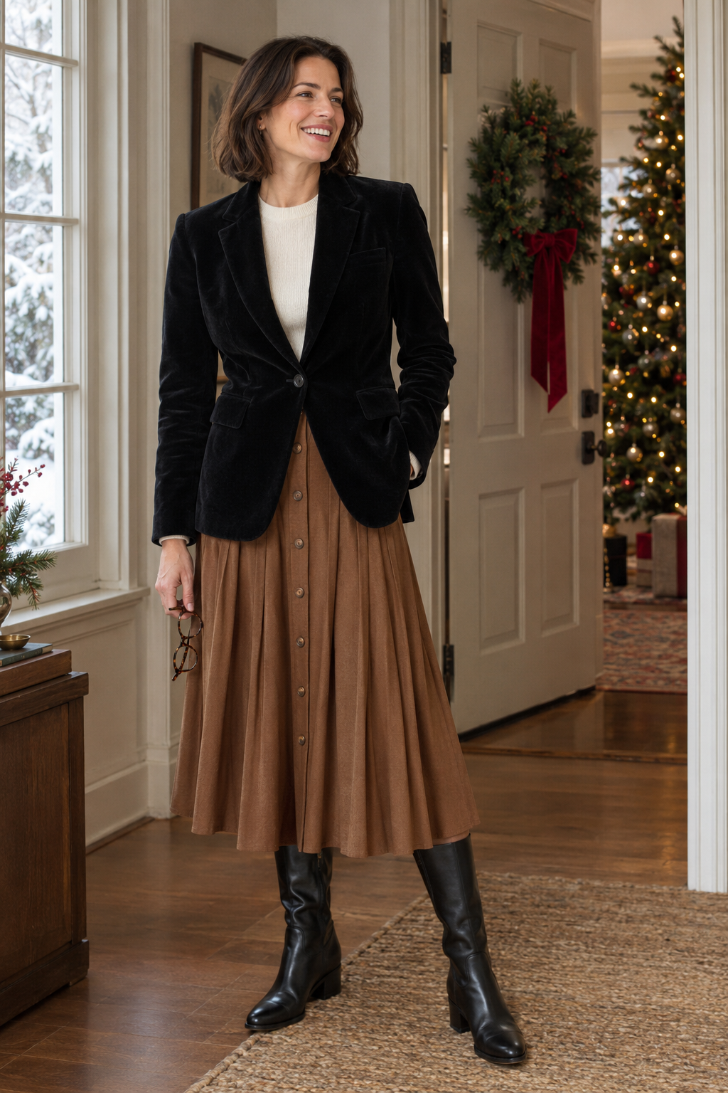 black velvet blazer with a caramel brown pleated midi skirt, cream knit and black knee boots at a family Christmas lunch