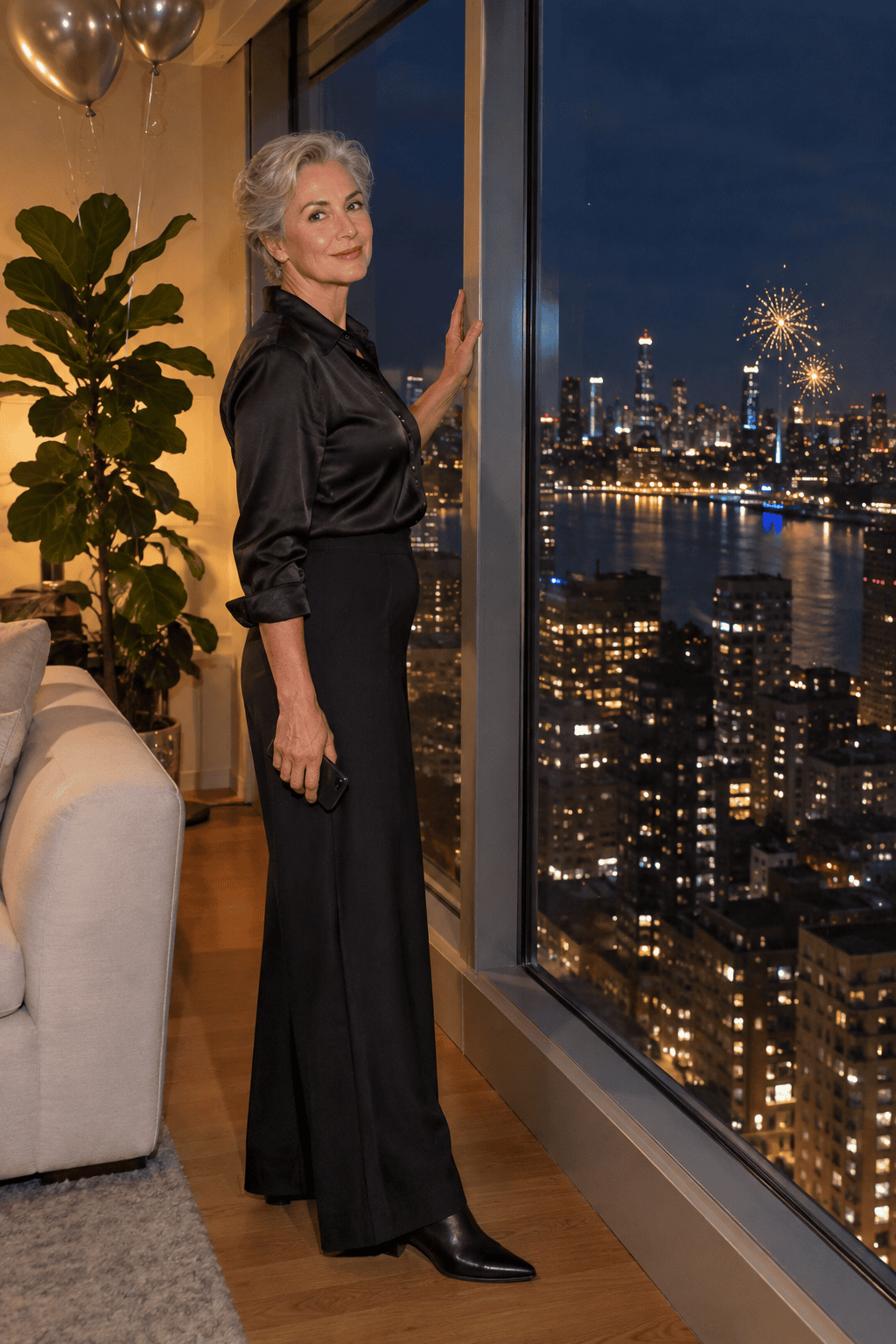 new years eve gala outfit for women over 60: black silk shirt tucked into wide-leg trousers with black leather low block-heel ankle boots