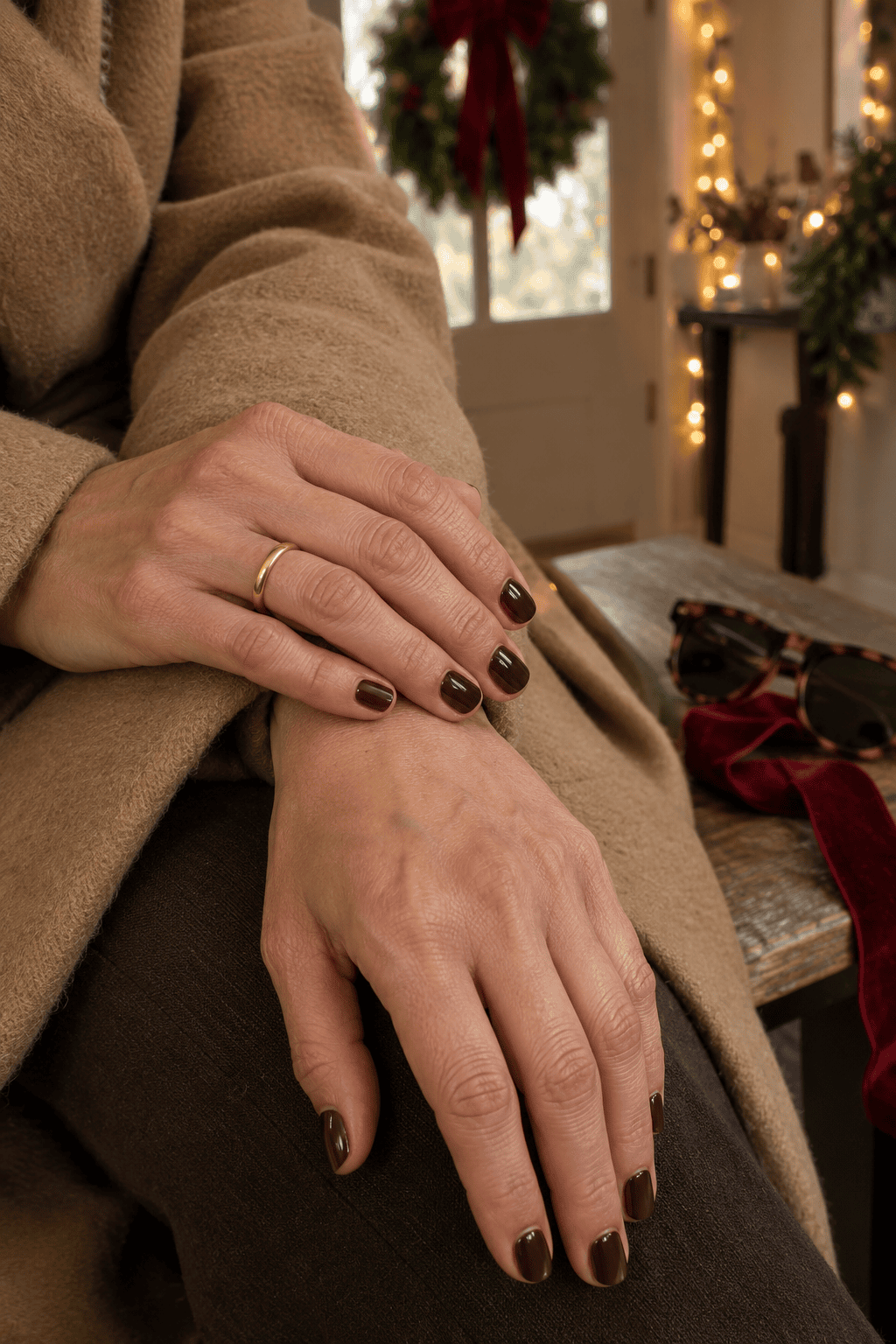 chocolate espresso brown old money christmas nails resting on a camel cashmere sleeve with a red ribbon
