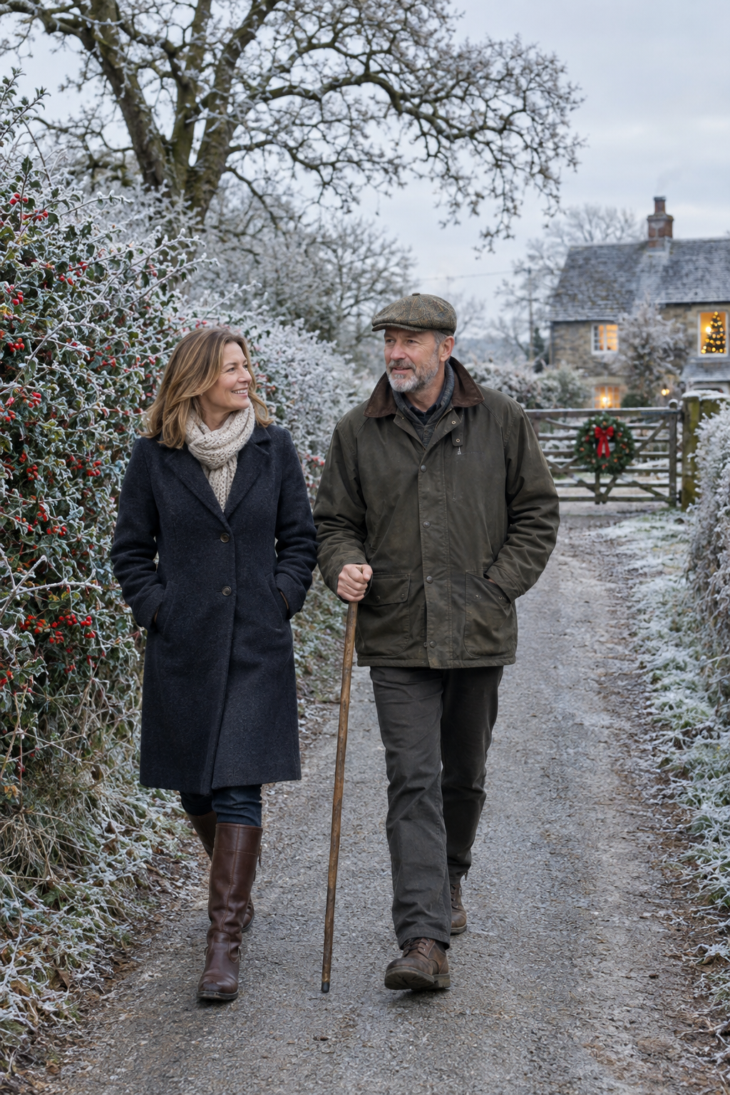 old money christmas: a woman in a long wool coat, tall leather boots and a knit scarf walking a frosty country lane with family after christmas lunch