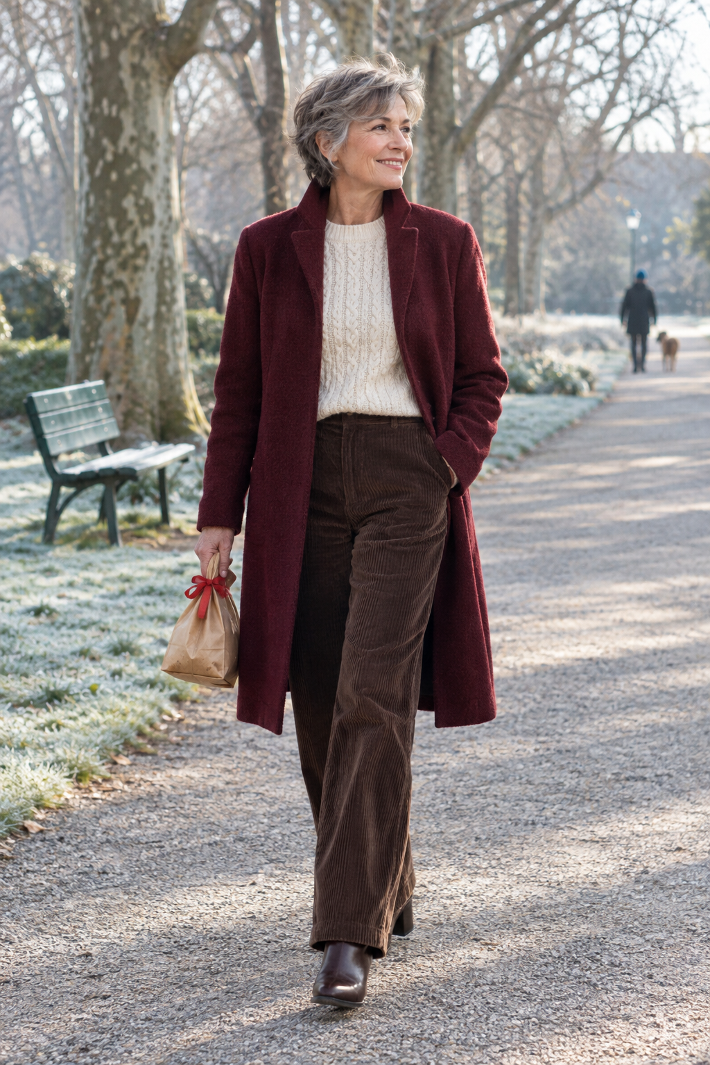 winter walk valentines day outfit for women over 60: wine red wool coat over a cream cable-knit sweater with chocolate corduroy trousers and brown leather knee boots