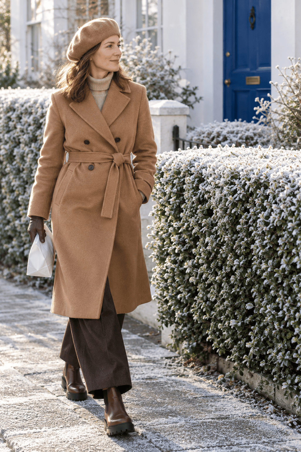 honey camel hair double-breasted wrap coat with a wheat cashmere mock-neck, chocolate wool trousers and brown Chelsea boots on a frosty morning