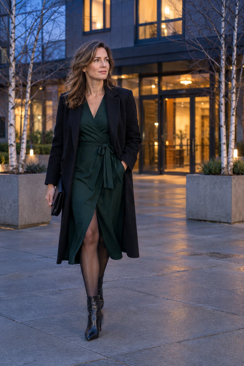 ankle boots with a wrap dress in winter: deep forest green jersey wrap midi dress, structured black wool coat, sheer black tights and black pointed-toe ankle boots