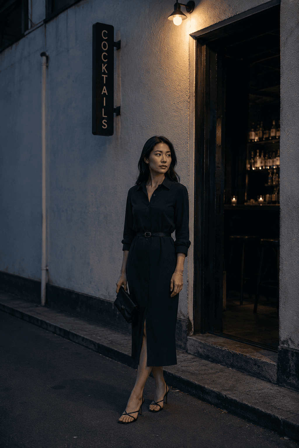 wrinkle resistant navy travel dress with black heels and a black satin clutch for a cocktail evening