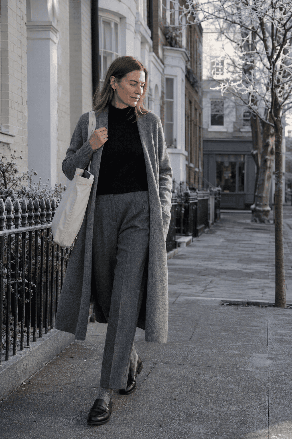 relaxed minimalist winter outfit: long heather grey merino sweater coat, black mock-neck top, grey wool flannel trousers and black penny loafers