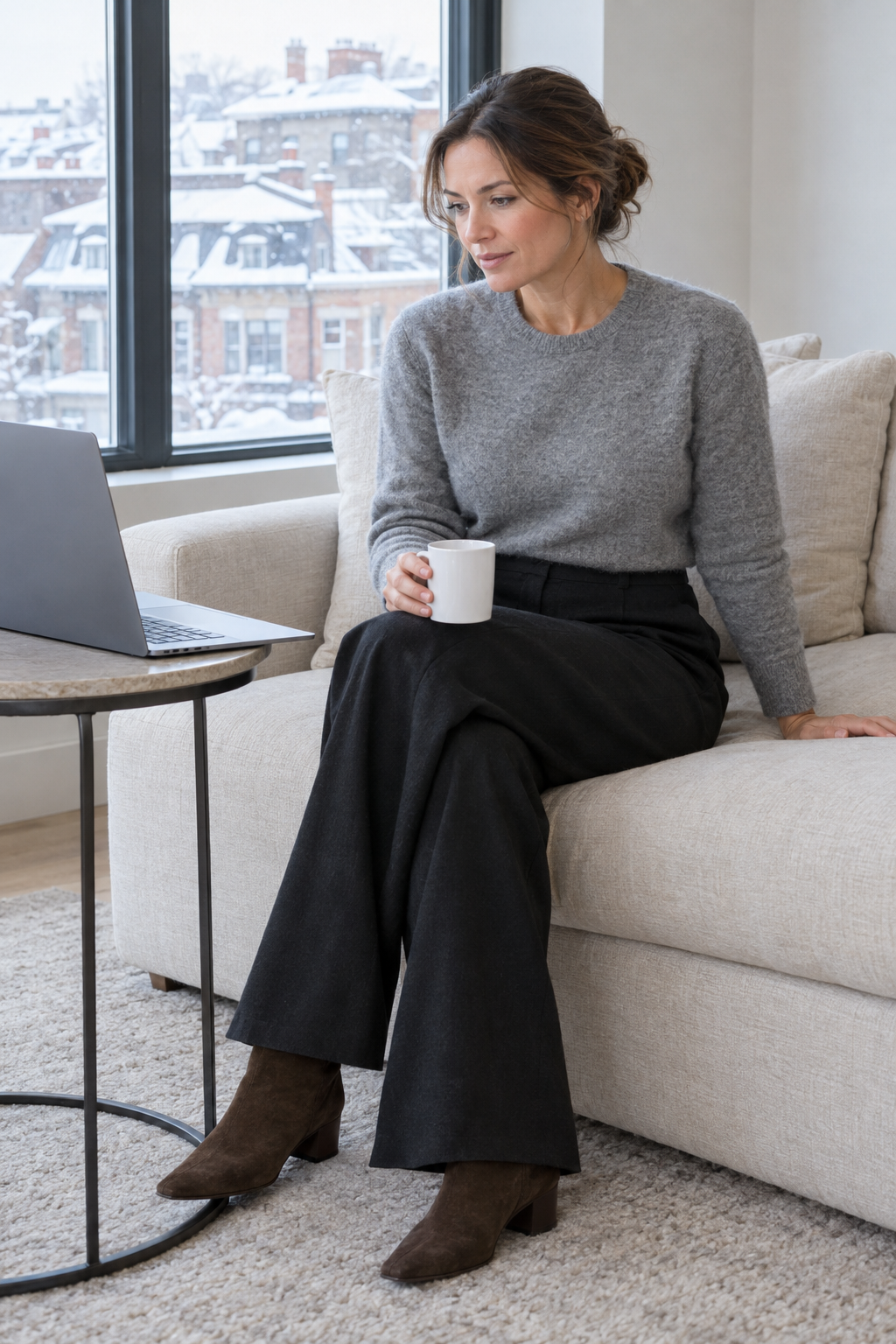 work from home winter outfit: heather grey cashmere crewneck, black wide-leg wool trousers and chocolate suede ankle boots