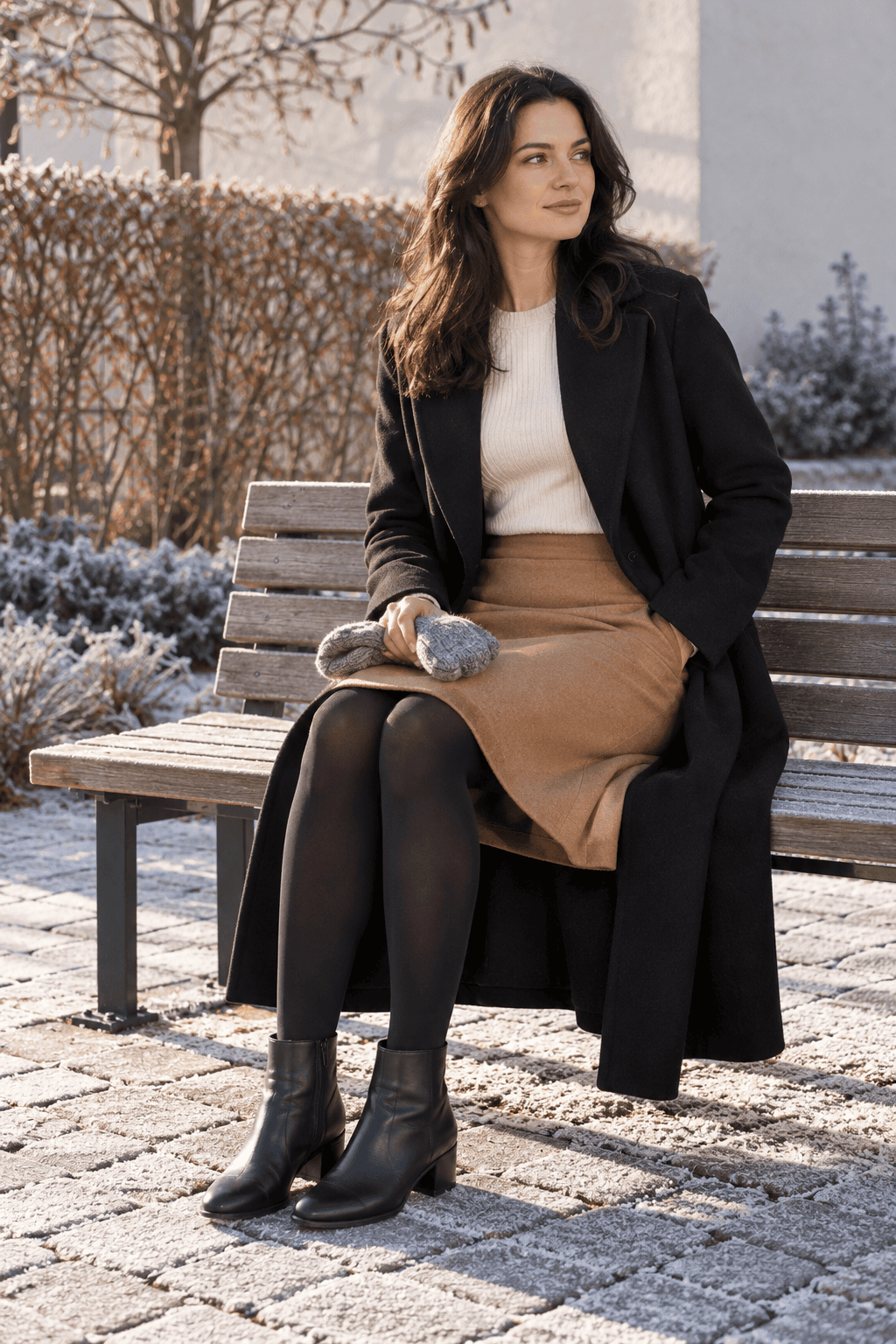 black fleece-lined tights worn with a camel knee-length skirt and ankle boots, how to dress warm in winter without looking bulky