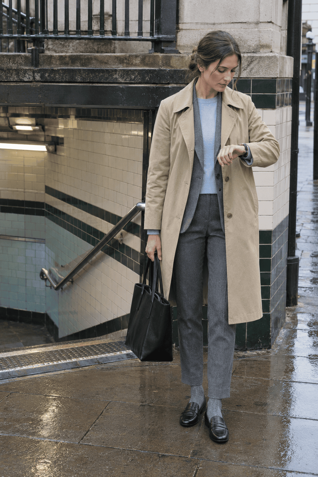 London winter outfit for the office commute: light khaki trench coat over a grey blazer, grey wool flannel trousers and black leather loafers