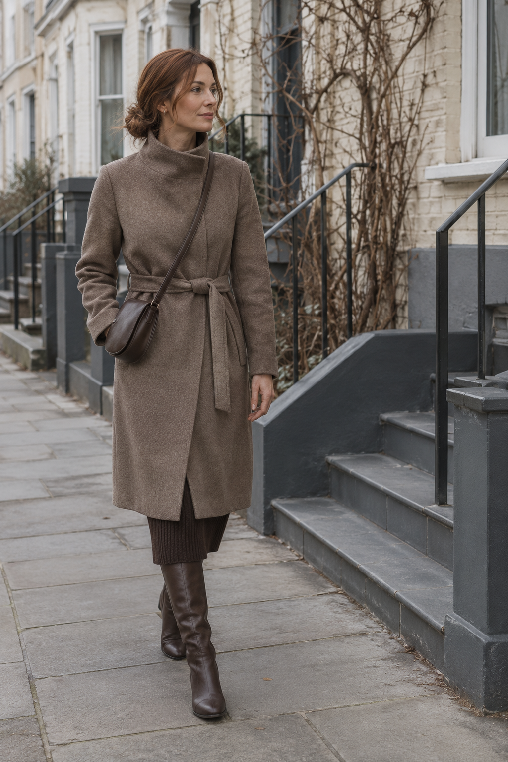 brown tonal winter brunch outfit: espresso ribbed knit midi dress, taupe-brown belted funnel-collar coat and dark brown knee-high boots