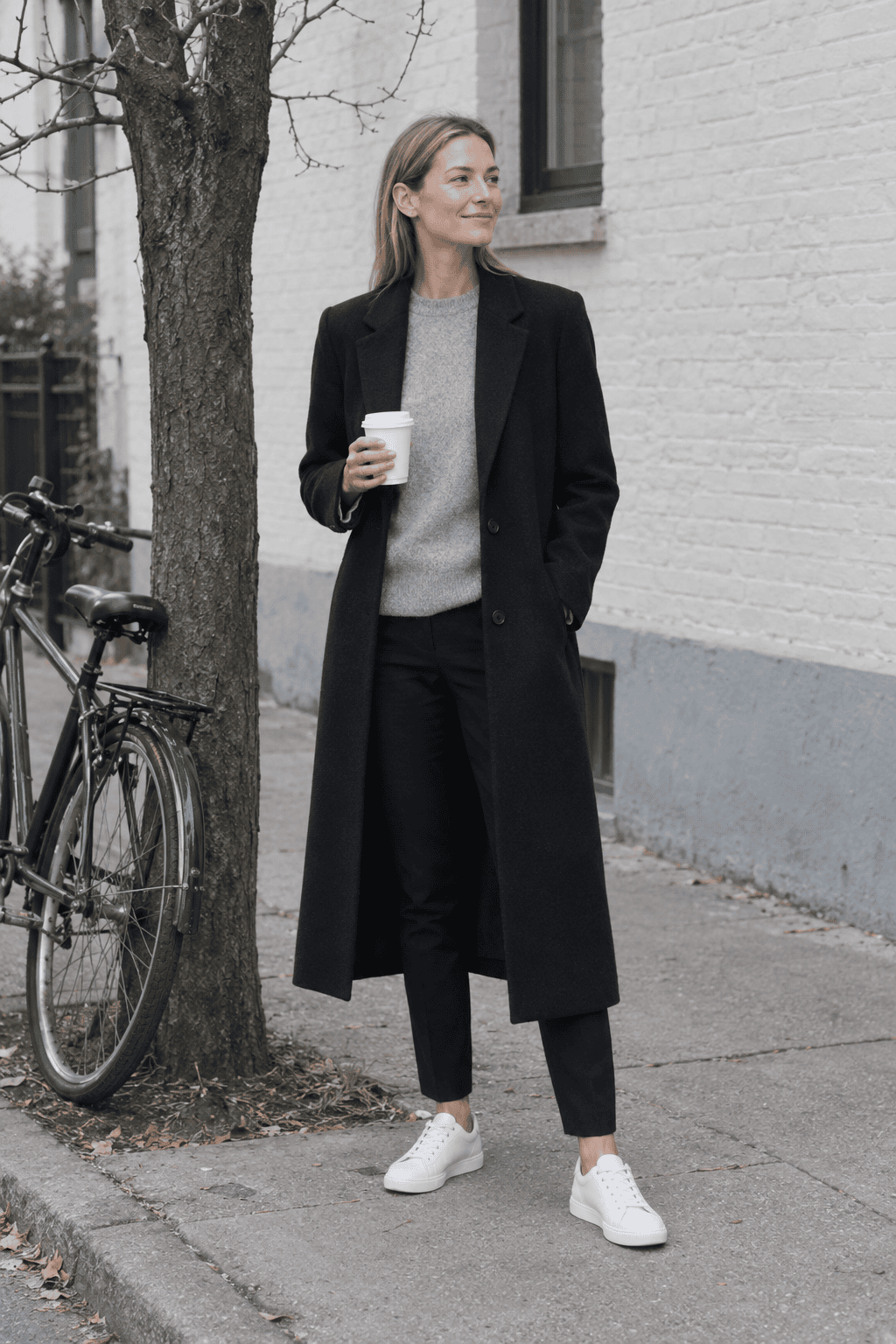 how to style a long black coat with a grey cashmere crewneck: tailored black coat worn open over a heather grey sweater, slim black trousers and white sneakers