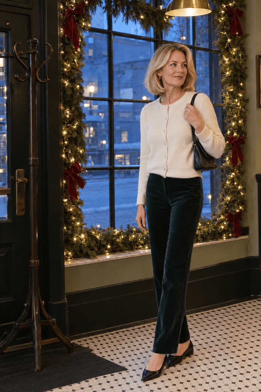elegant christmas dinner outfit for women over 50: deep forest green velvet trousers, ivory cashmere cardigan and black pointed flats
