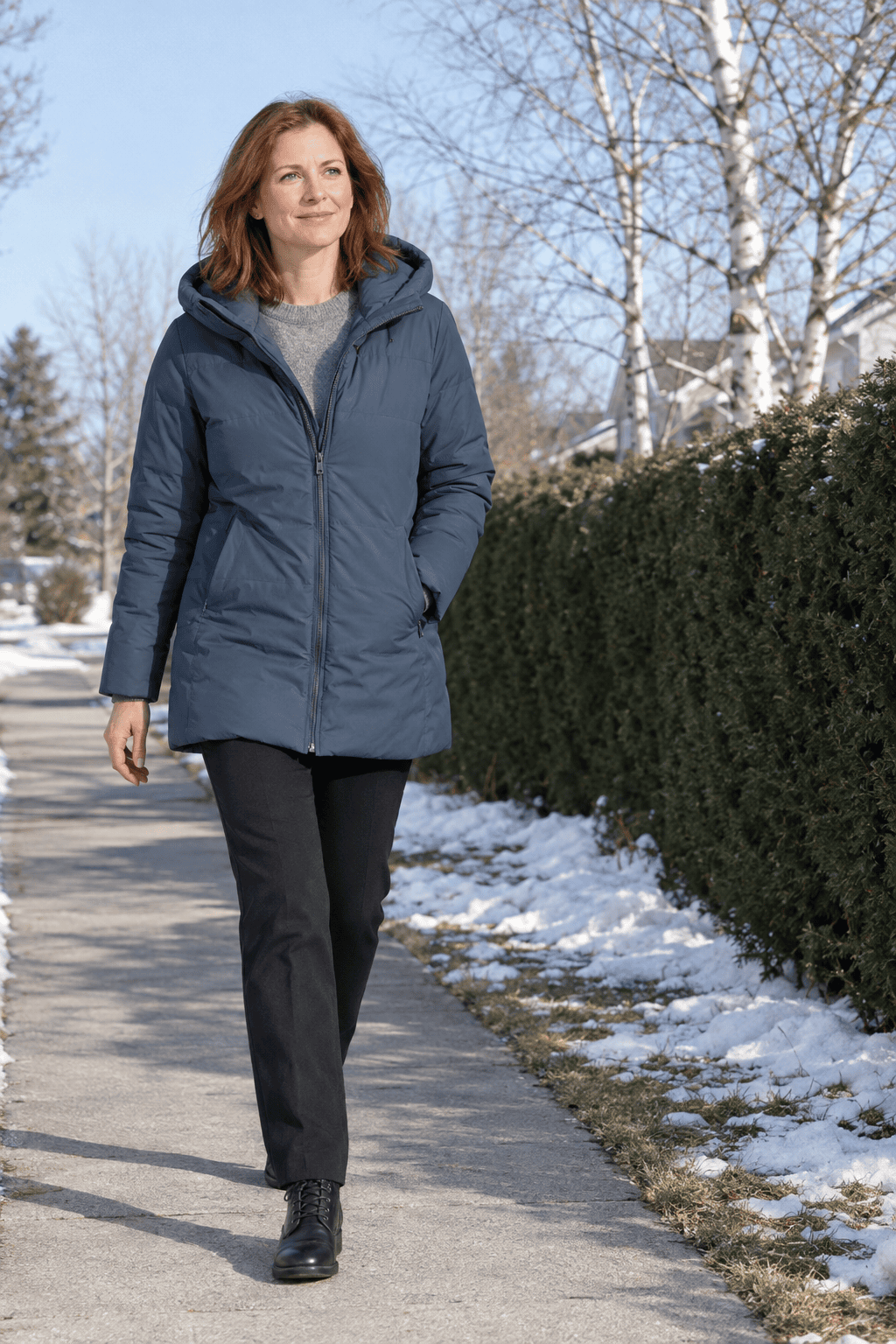 field trip winter teacher outfit: slate blue hooded down parka, heather grey crewneck sweater, black ponte pants and black lace-up ankle boots