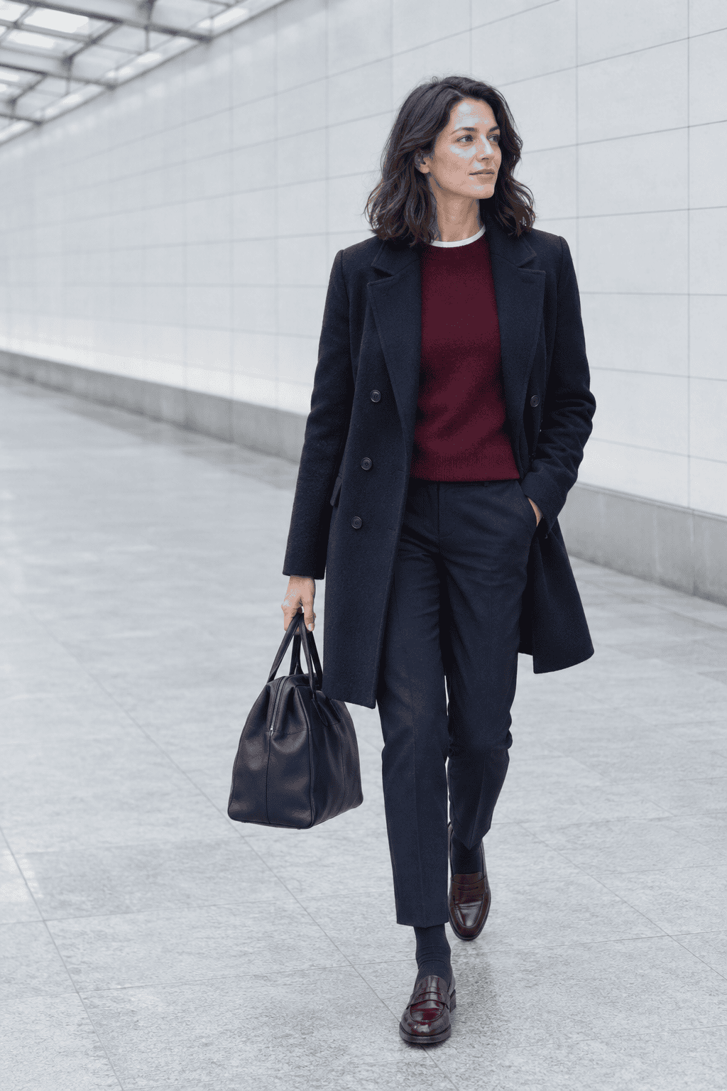 old money winter color combination navy and burgundy: hip-length navy double-breasted wool coat, burgundy cashmere crewneck, navy ankle trousers and burgundy penny loafers